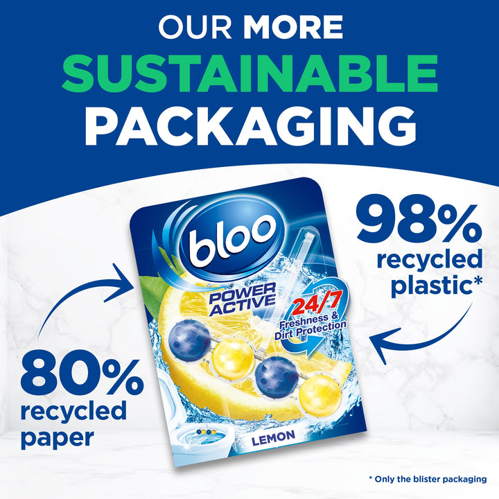 Bloo Power Active Toilet Rim Block - Lemon Scent with Anti-Limescale & Foaming Clean (150g)