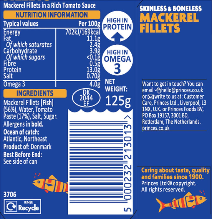 Princes Mackerel Fillets in Tomato Sauce, 125g, Pack of 10
