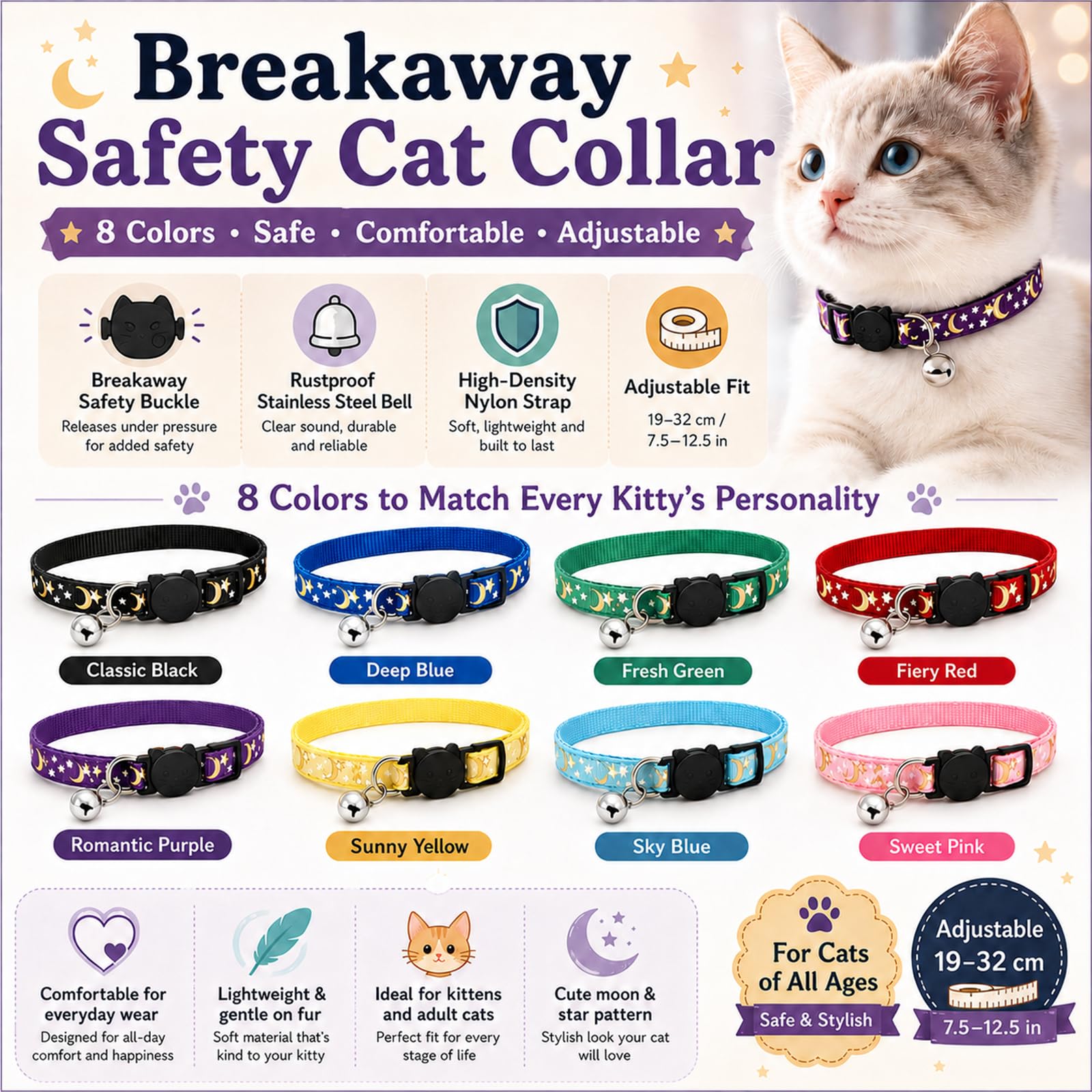 Muexoee Reflective Adjustable Cat Collar with Bell | Moon Star Print | Green | 2 Pack 3