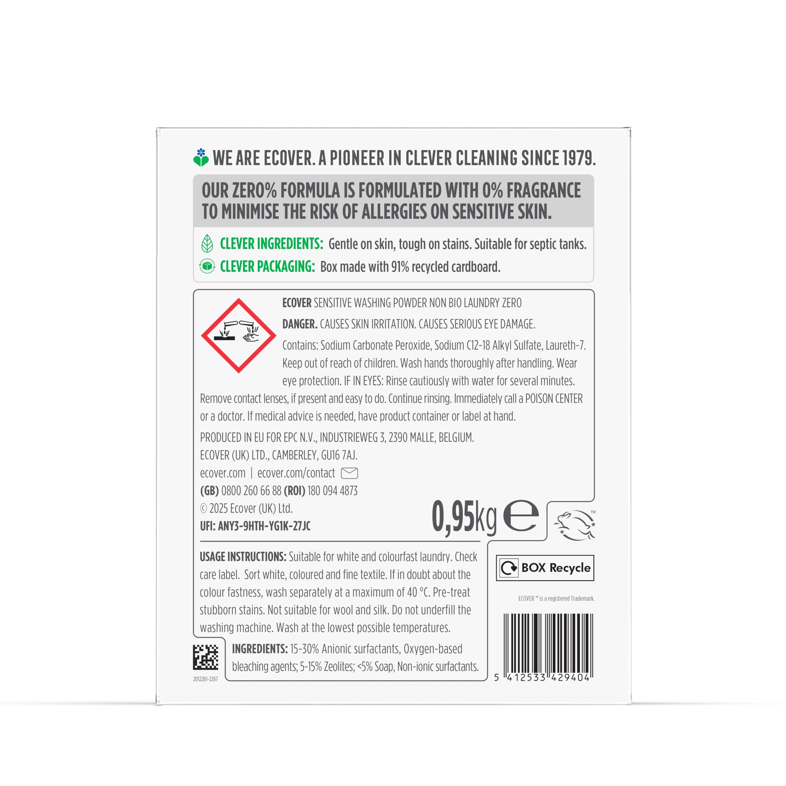 Ecover Zero Non-Bio Powder Detergent for Sensitive Skin, Unscented, 950 g 2