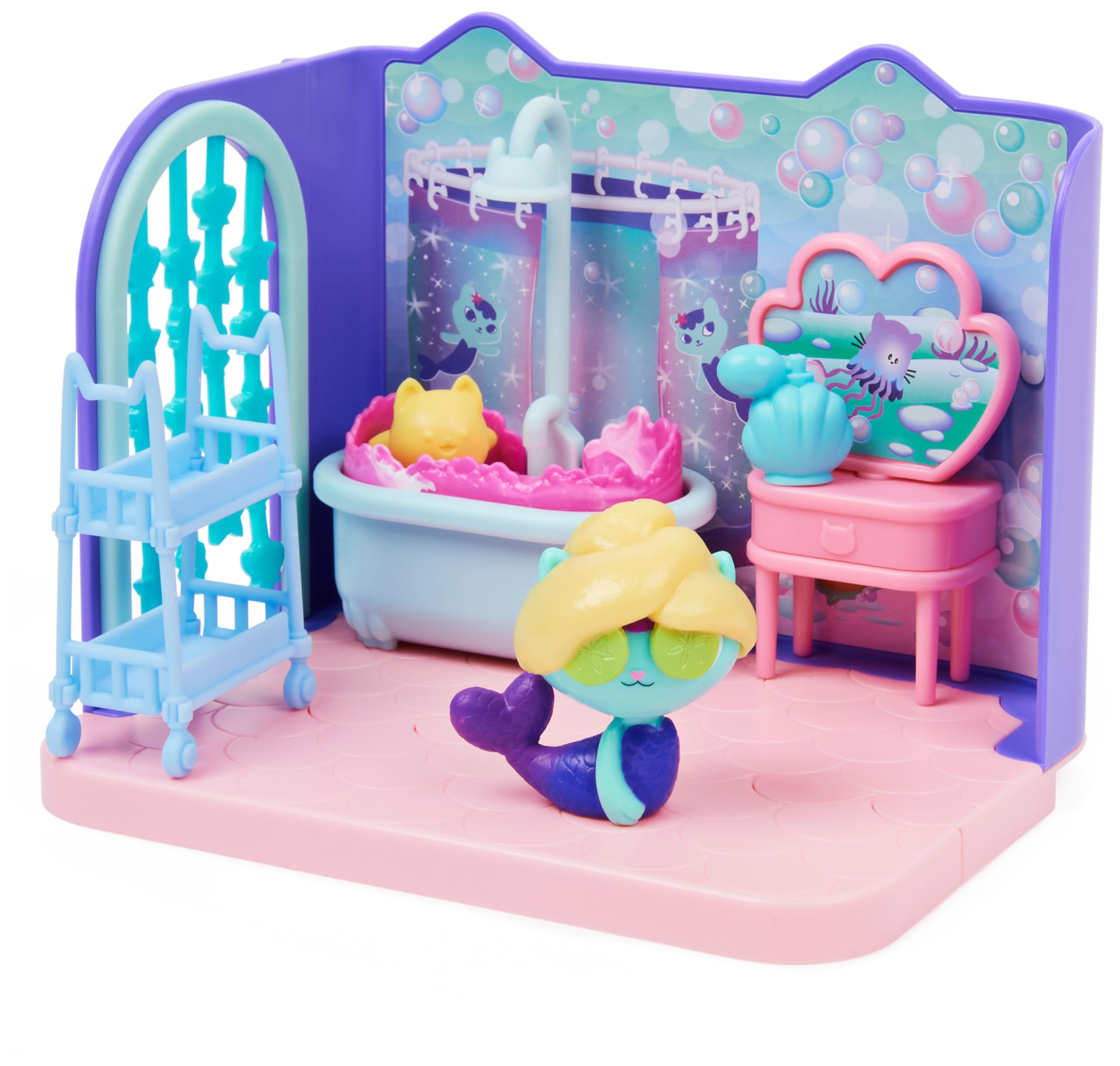 DREAMWORKS GABBY'S DOLLHOUSE Primp and Pamper Bathroom Playset with MerCat Figure for Ages 3+ 7