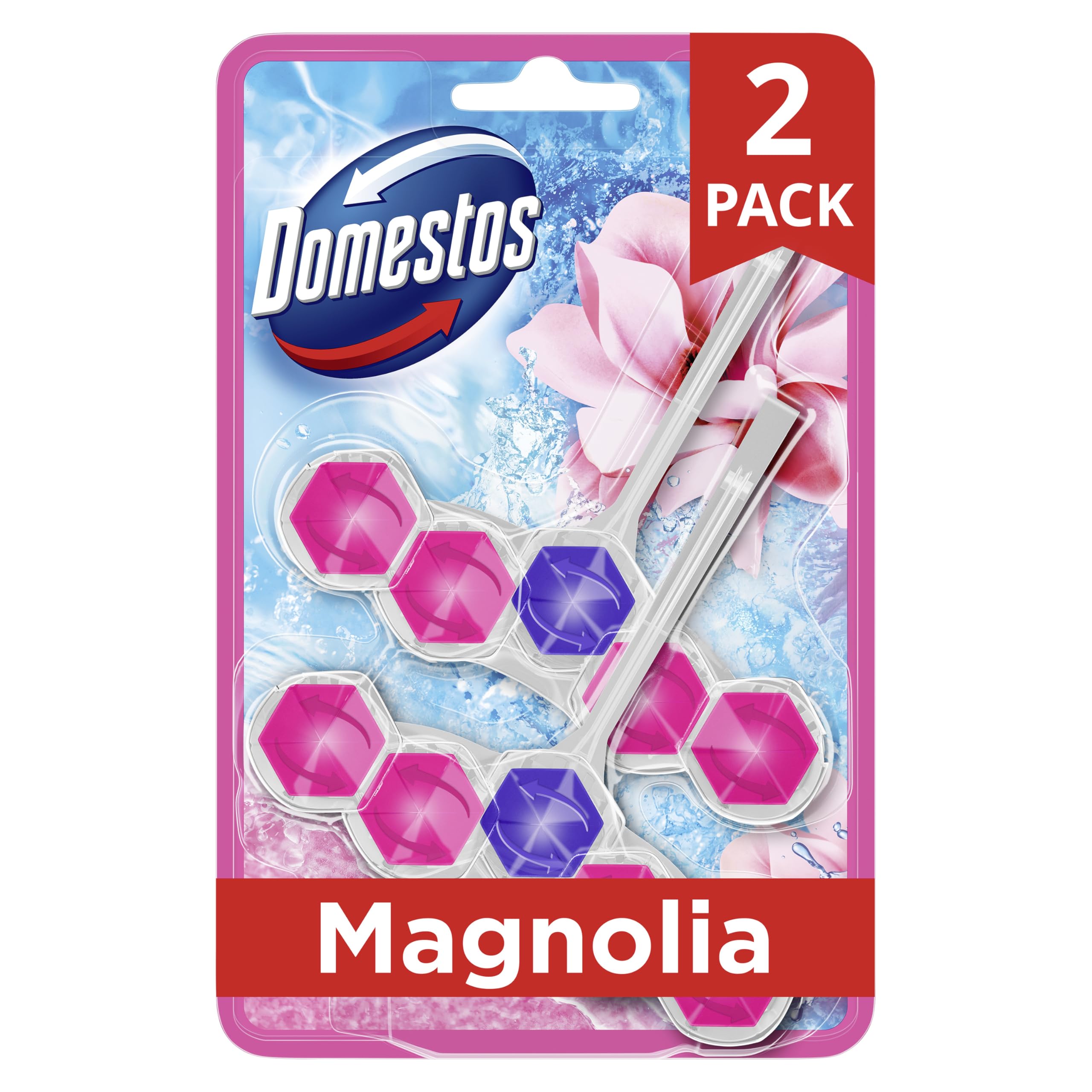 Domestos Power 5 Toilet Rim Blocks Magnolia - 2 Count (50g Each) | Limescale Prevention & Rich Foam