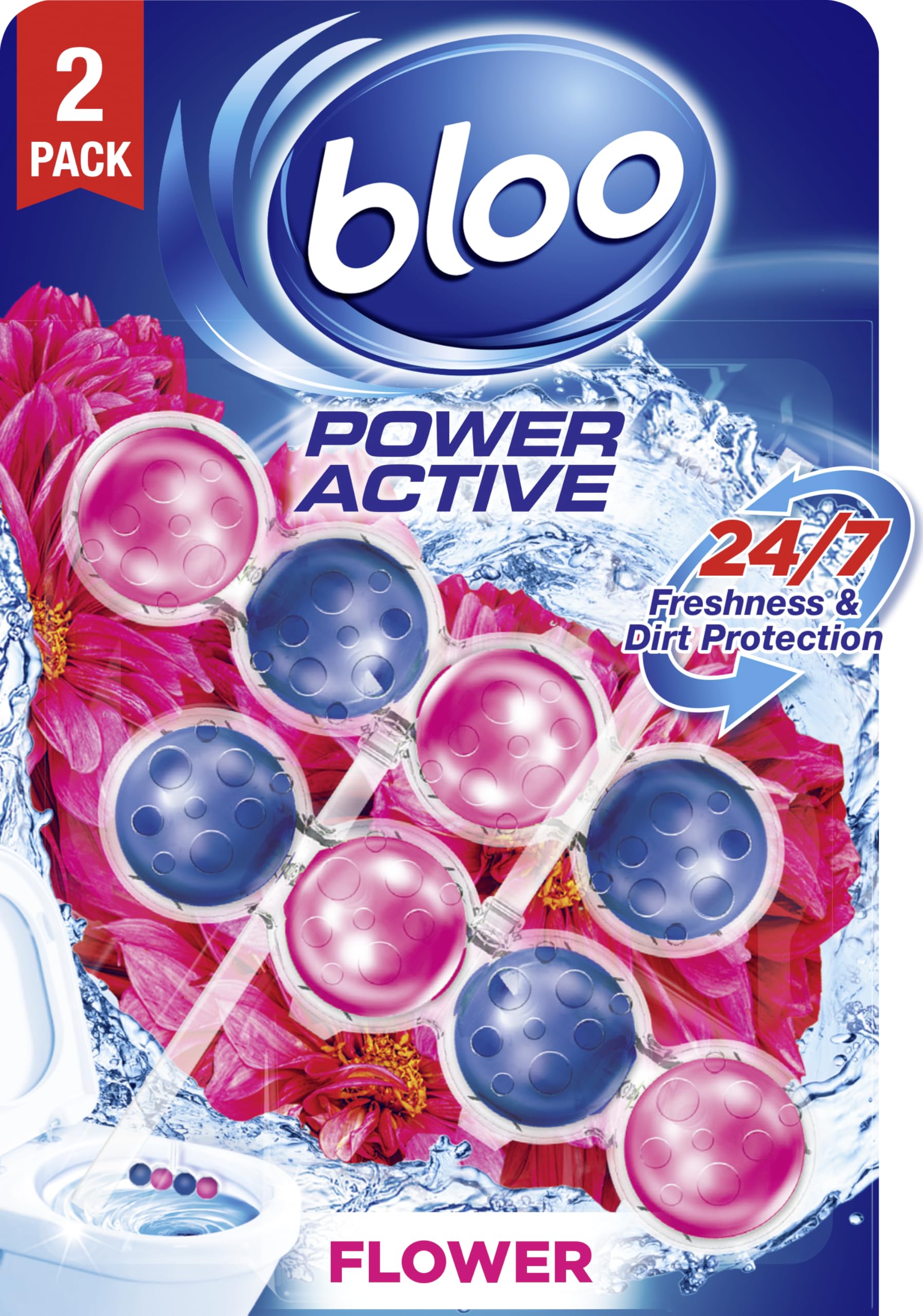 Bloo Power Active Toilet Rim Block Fresh Flowers, Anti-Limescale, 2 Count (Pack of 1)