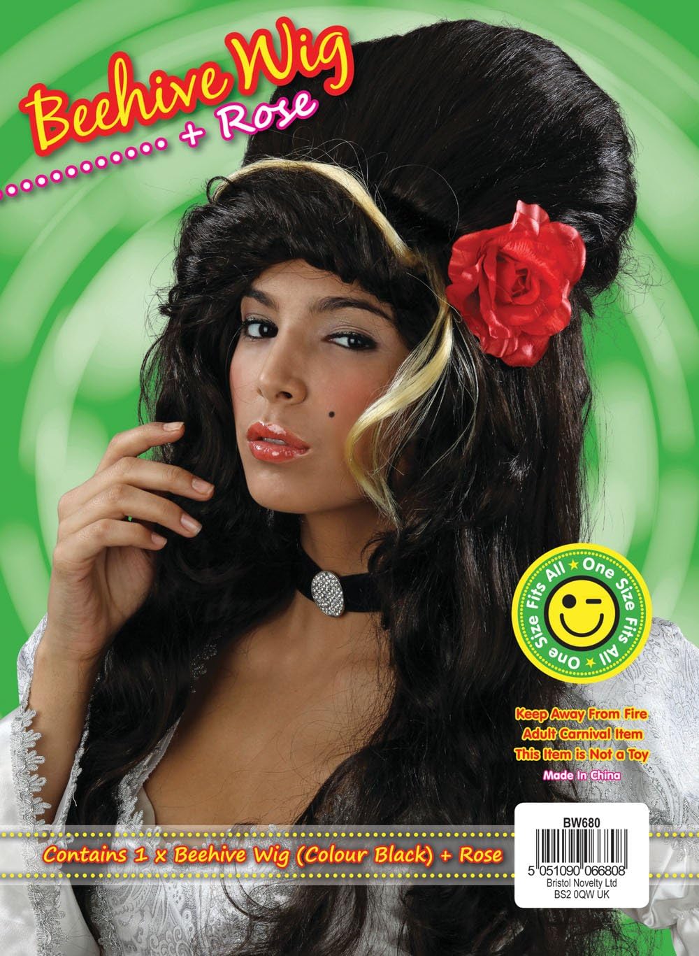 Bristol Novelty Beehive Wig with Rose Black BW680