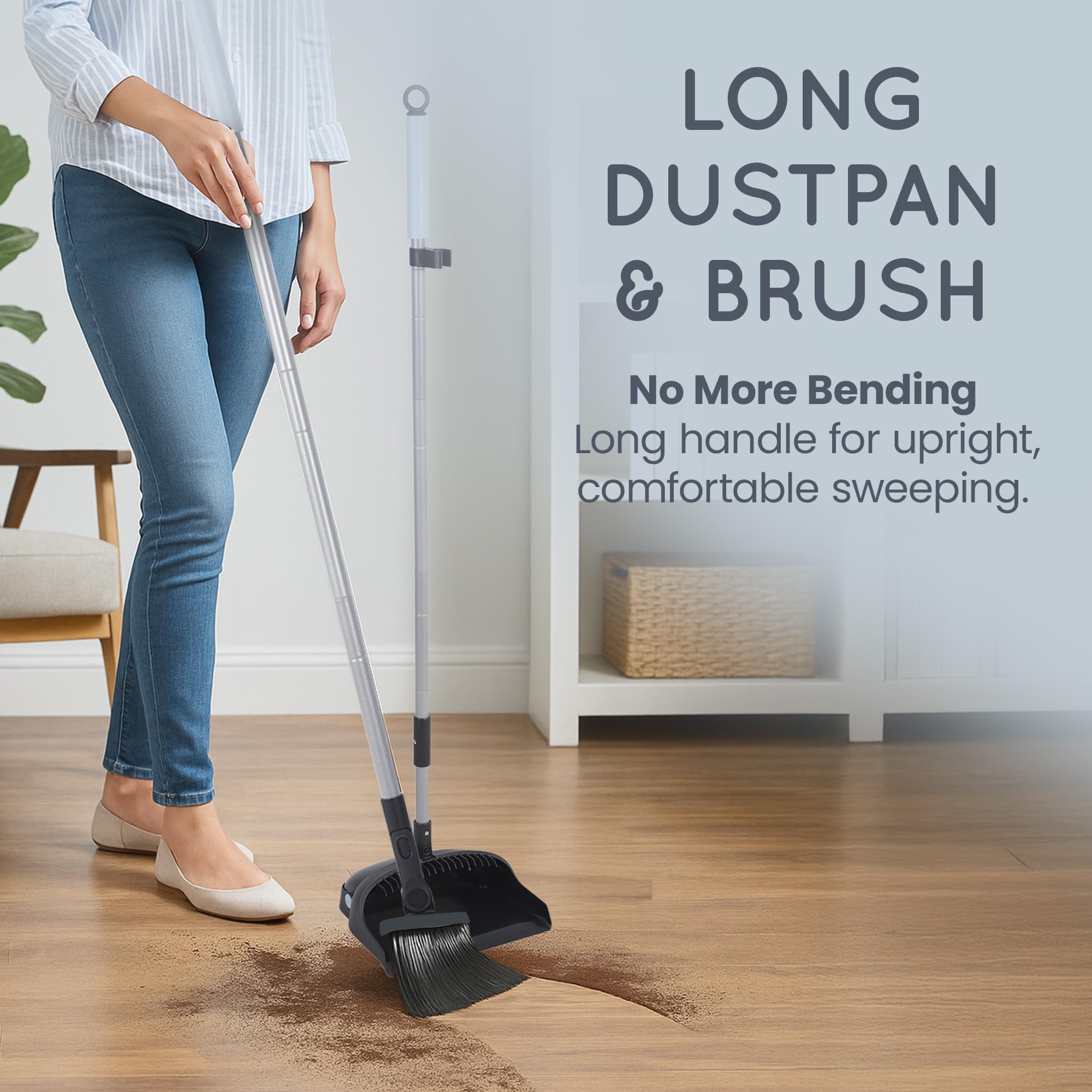CUQOO Dustpan and Brush Set - Long Handled Upright Standing | Nylon Bristles | Black