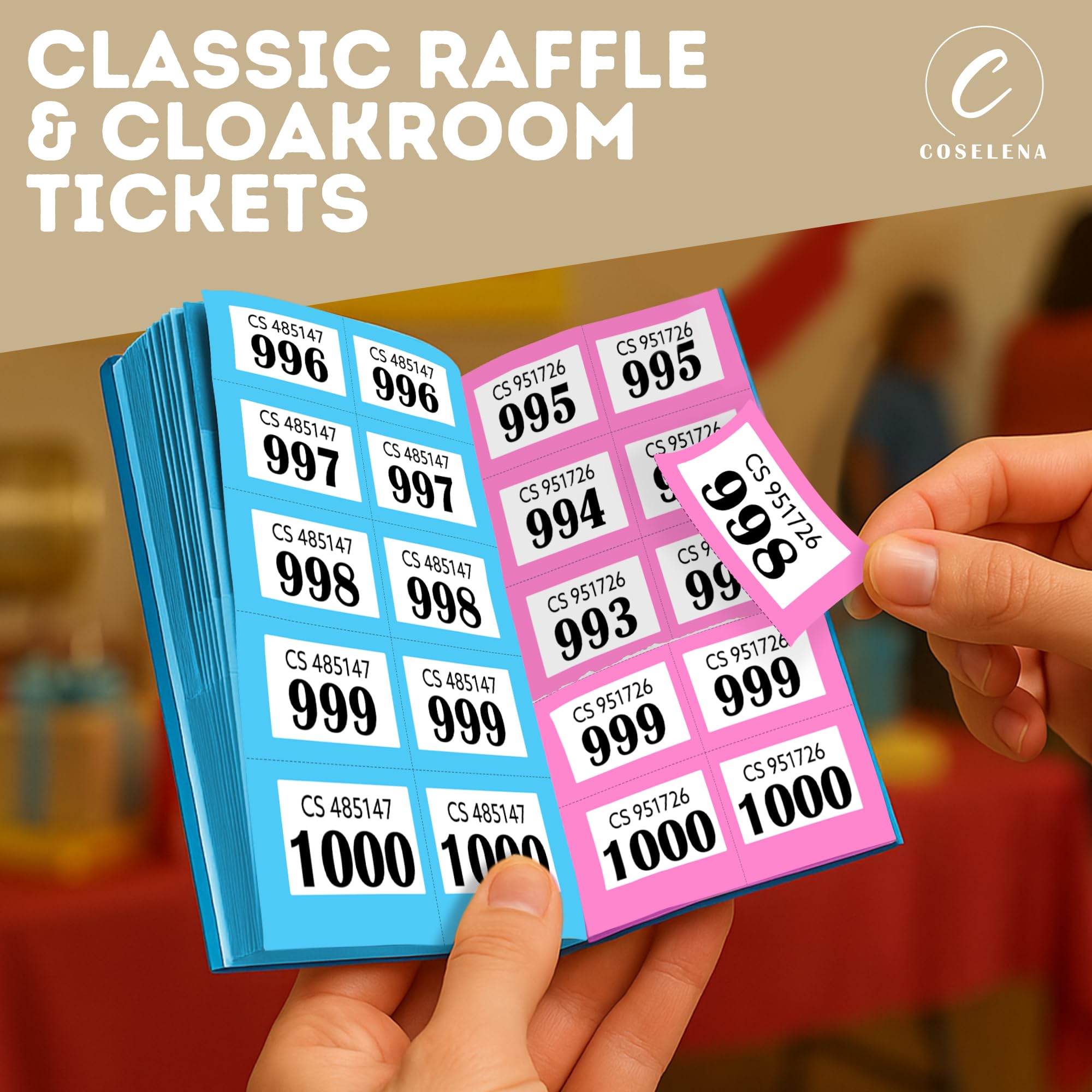 Coselena 5-Pack Numbered Raffle & Cloakroom Ticket Books | 1-1000 | Assorted Colors