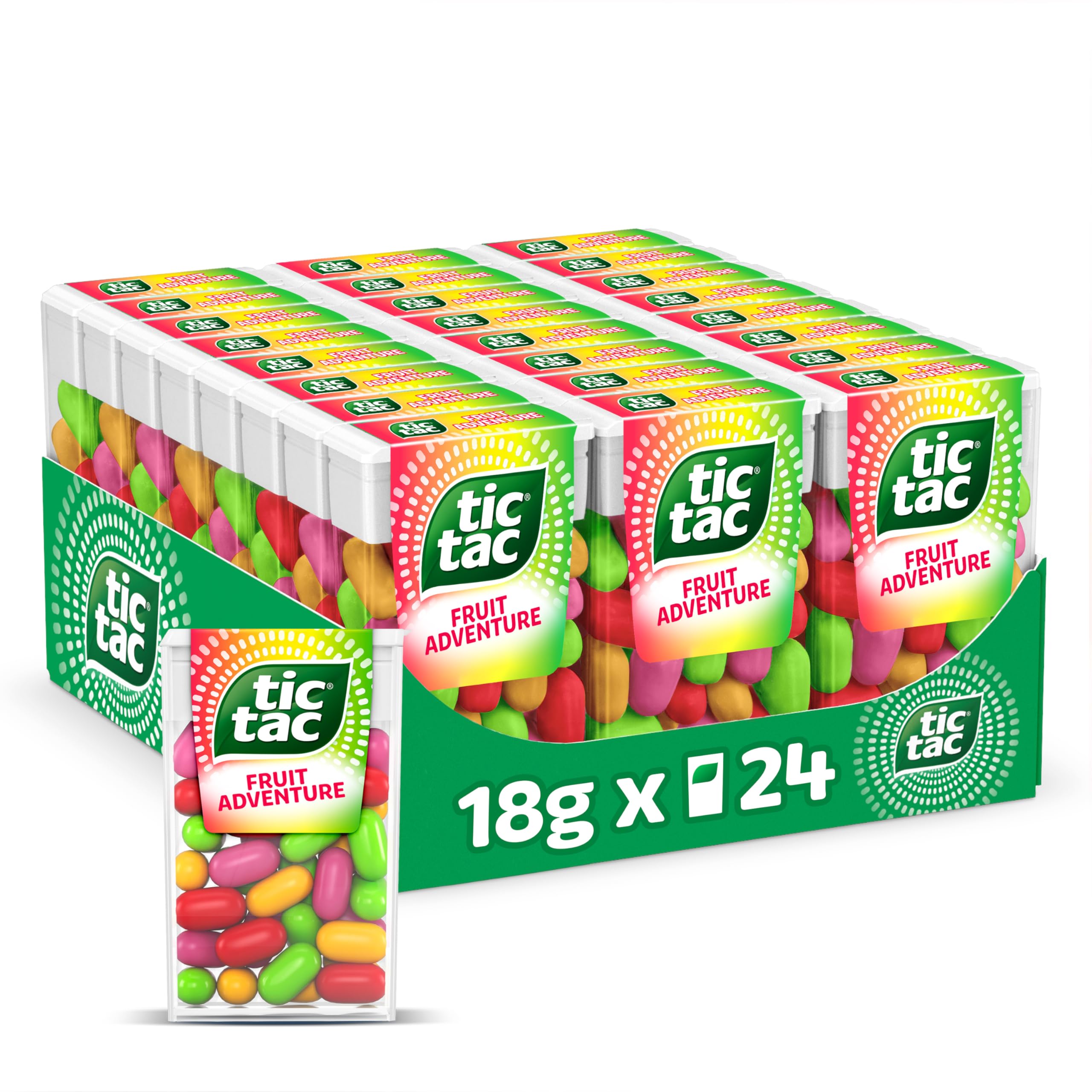 Tic Tac Fruit Adventure Sweets - Cherry, Strawberry, Passion Fruit & Lime Flavours | 18g Pack of 24