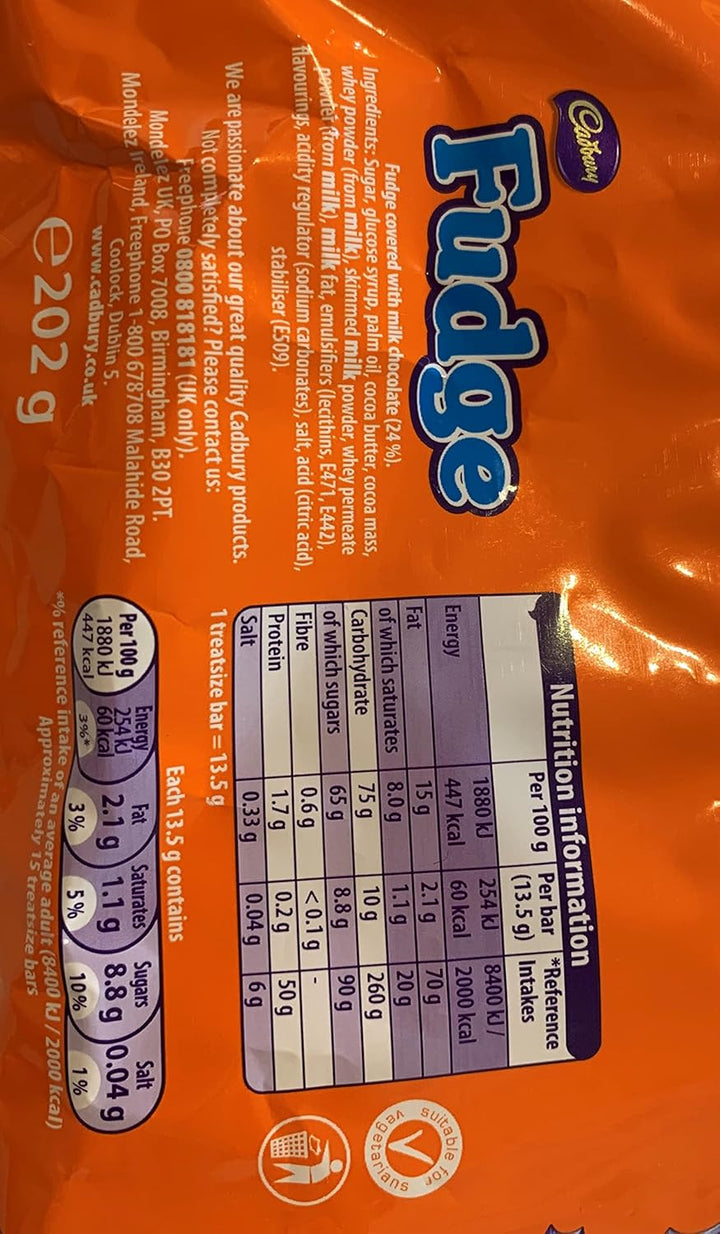 Cadbury Fudge Treatsize Chocolate 15 Bar Multipack - 202g Individually Wrapped Dairy Milk & Creamy Fudge Bars