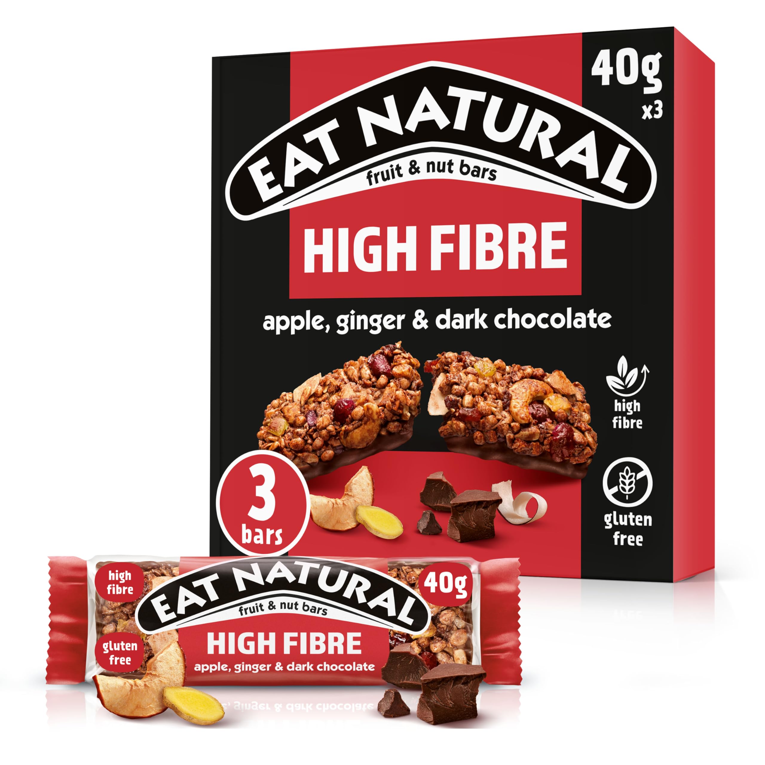 Eat Natural Fruit & Nut Bars - Dark Chocolate with Apple & Ginger | High Fibre | Gluten Free | 3 x 40g 1