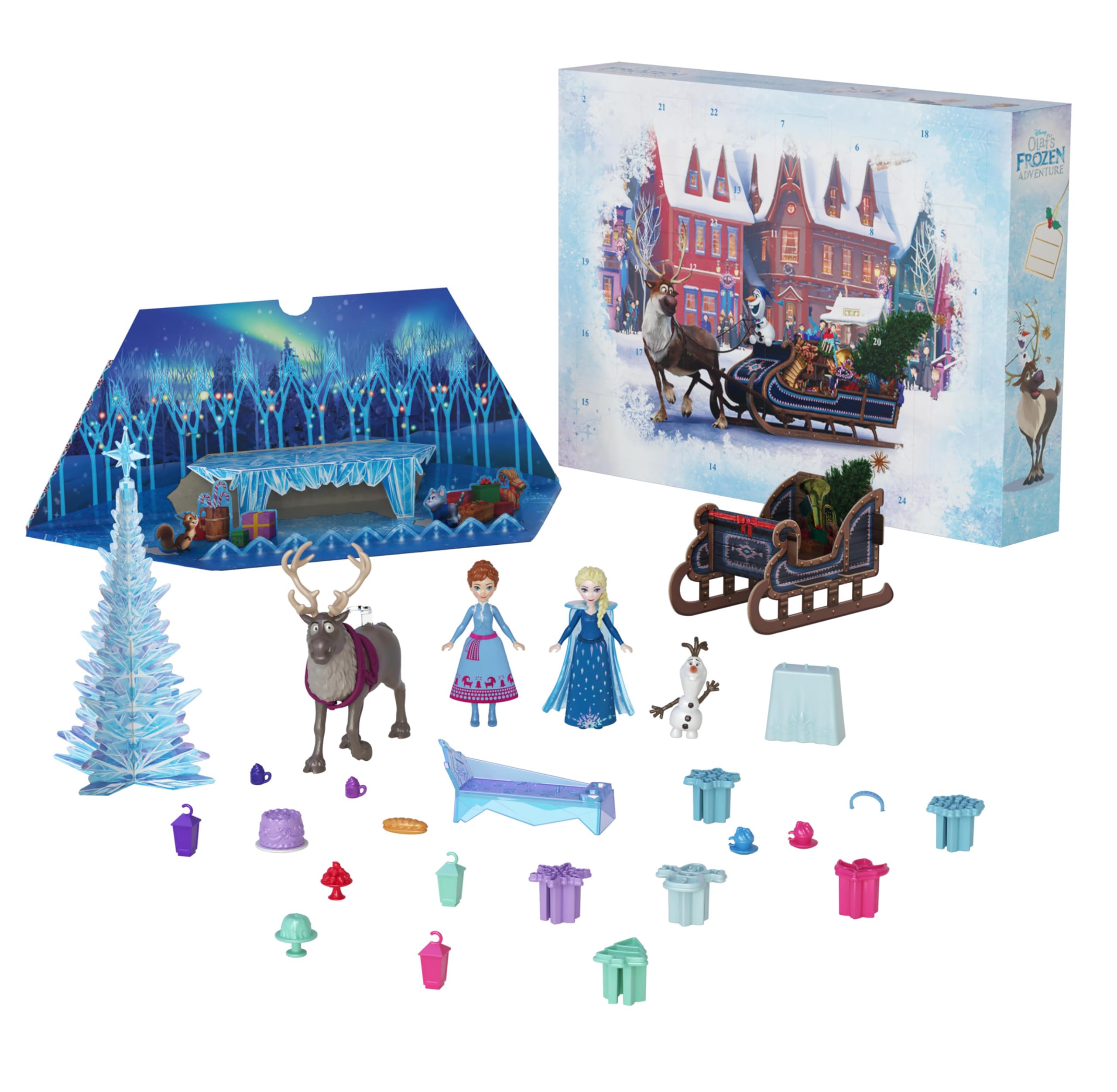 Mattel Disney Frozen Advent Calendar - 24-Day Playset with Anna, Elsa, Olaf & Sven Figures, Moldable Sand, 29-Piece Holiday Toy for Kids 3+