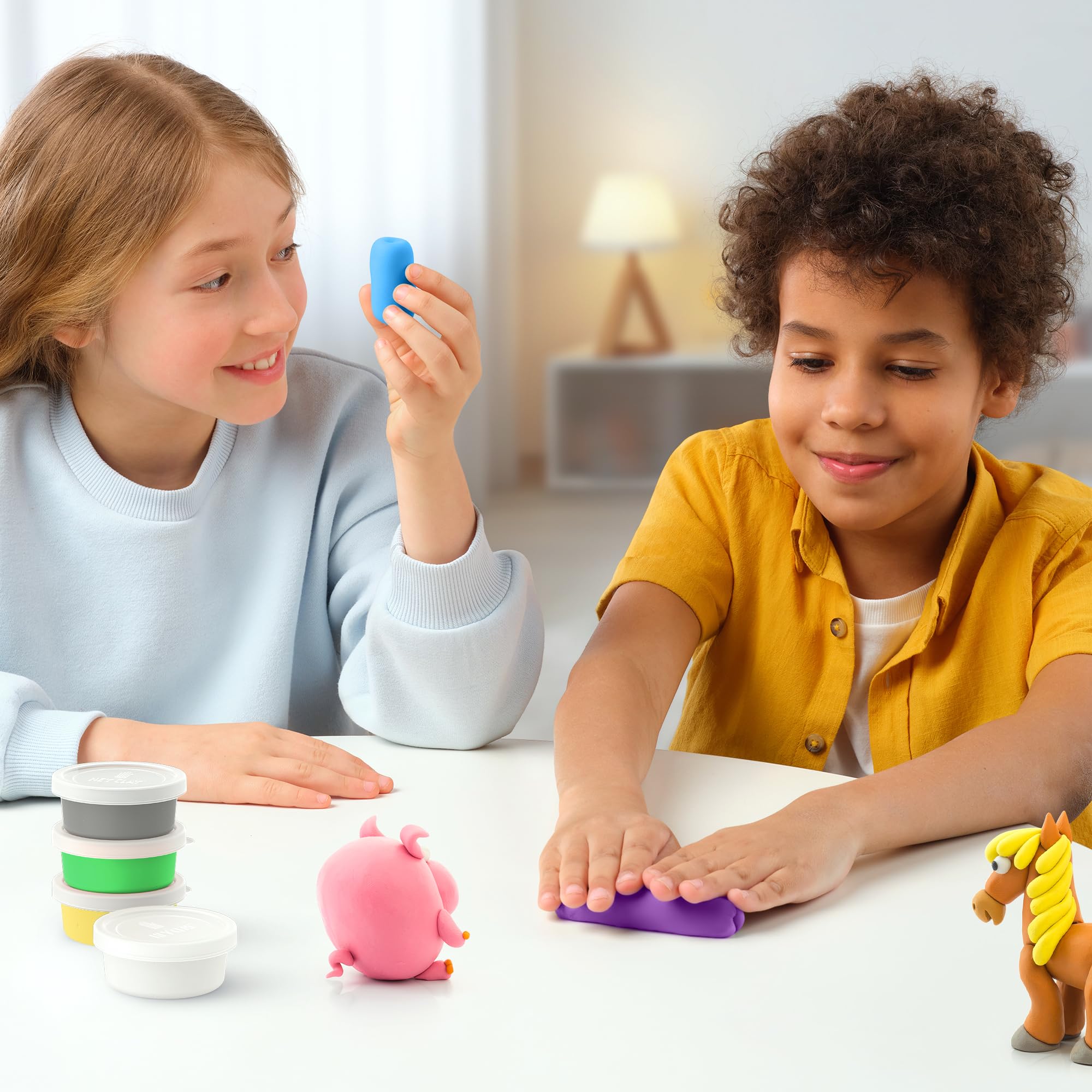 Hey Clay Animals: Piggy, Horse, Rabbit Set - Air Dry Modeling Clay Kit for Kids 3+ 9