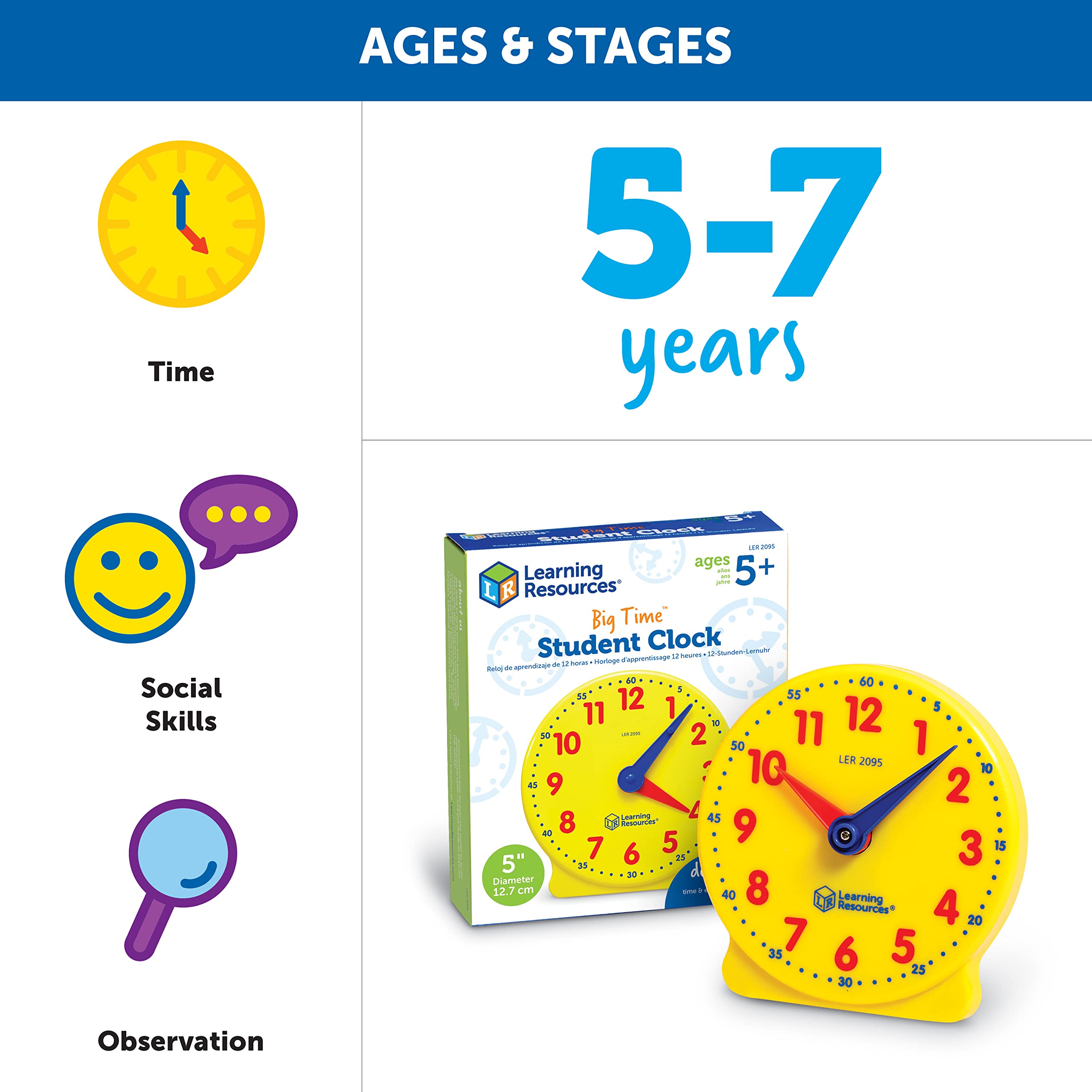 Learning Resources Big Time Student Clock - Geared 12-Hour Teaching Clock for Kids 5-9 Years 12