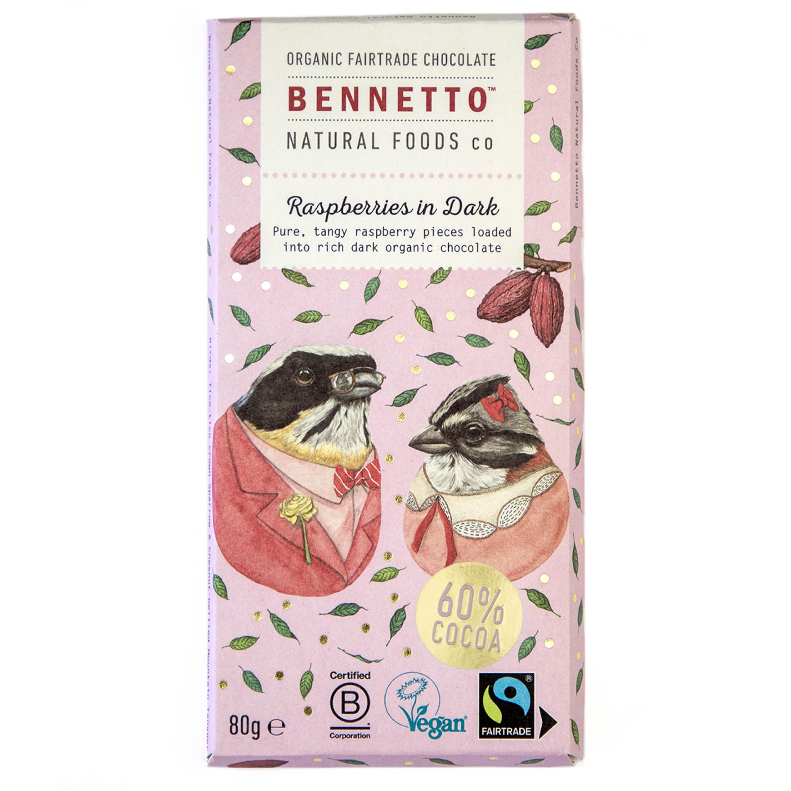 Bennetto Raspberries in Dark Chocolate - 60% Cocoa, Vegan, Gluten-Free, Fairtrade 1