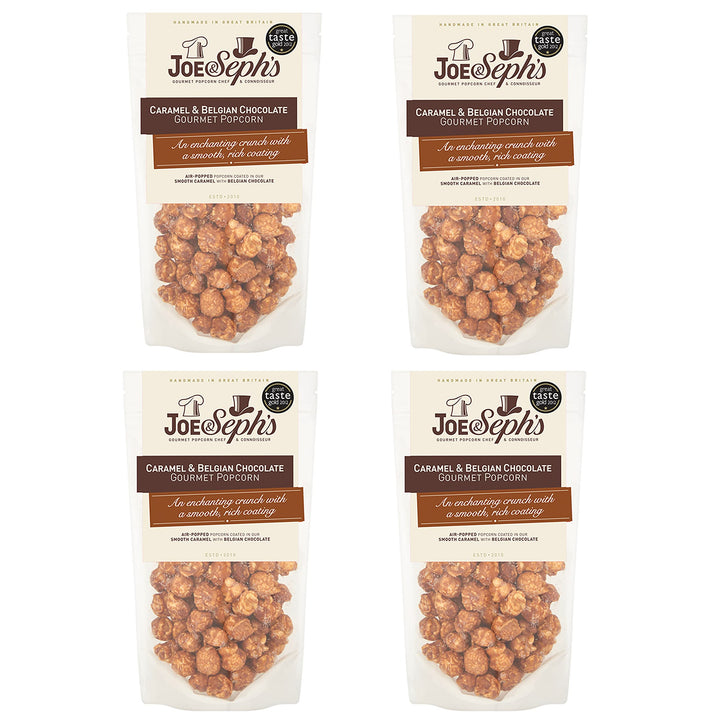 Joe & Sephs Belgian Chocolate Popcorn (4x80g) - Gourmet Air-Popped Snack, 1 Star Great Taste Award, Vegetarian, Movie Night Treat