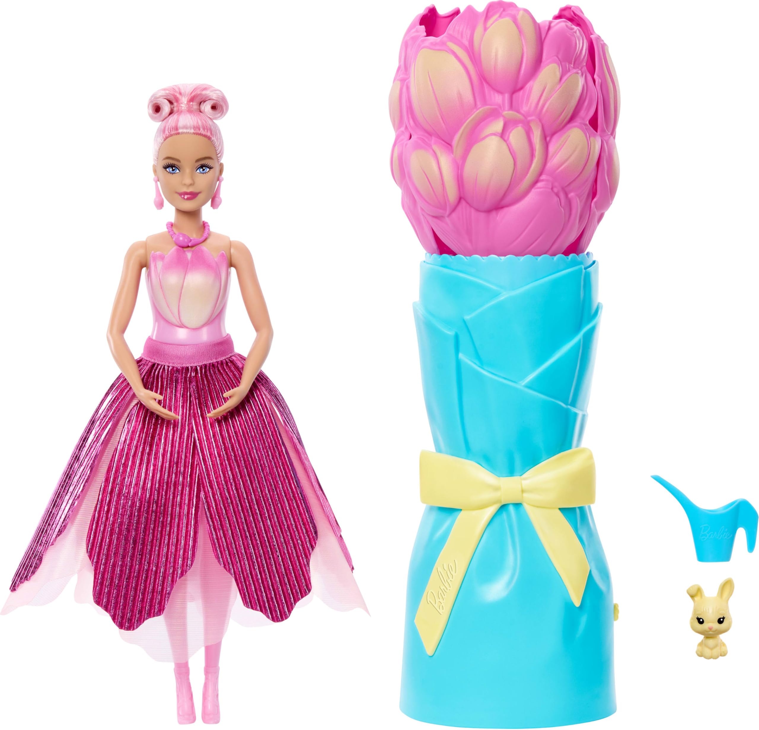 Barbie Petal Pop Scented Doll with Pink Tulip Dress & Accessories, Model JMF57 | Ages 3+