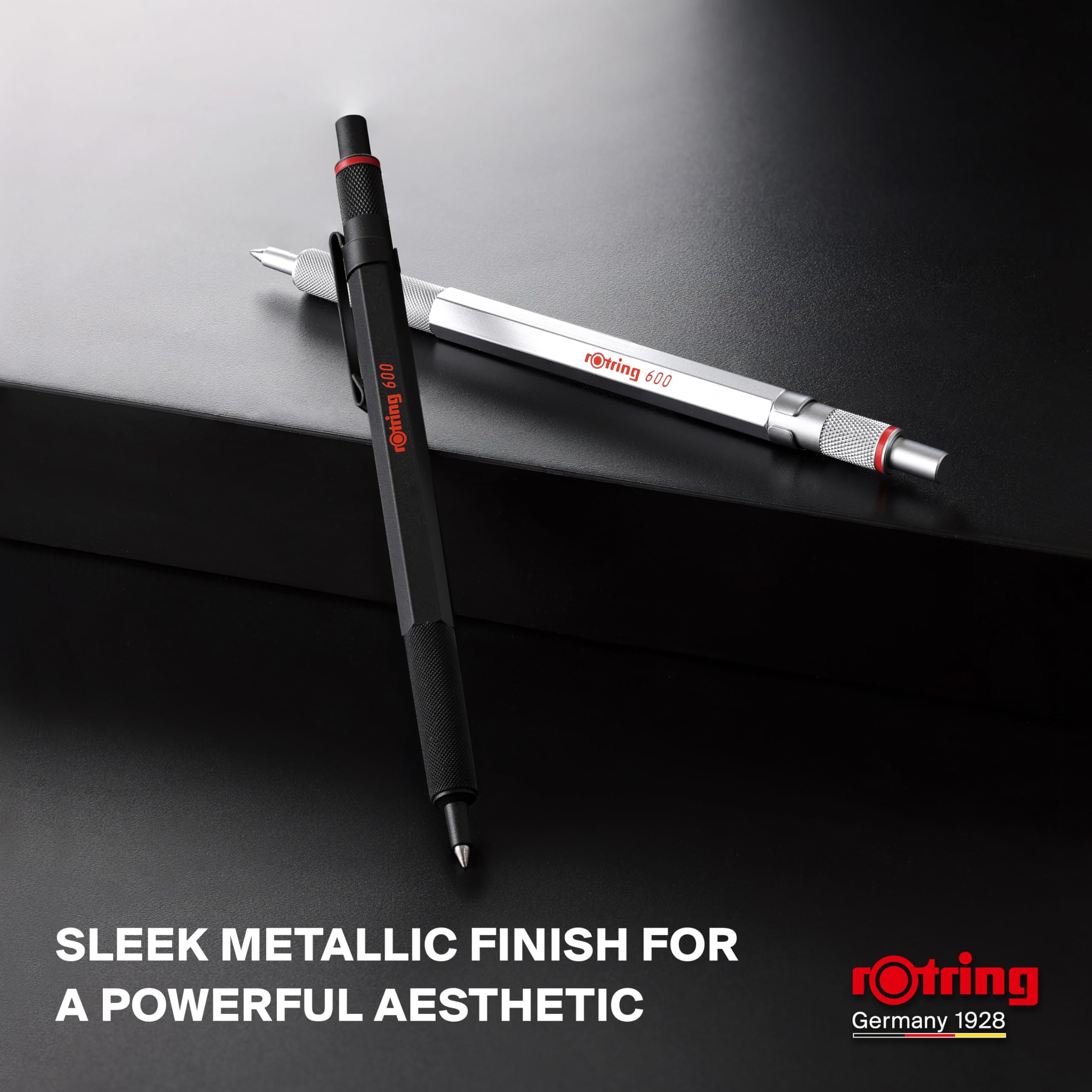 rOtring 600 Gel Pen | 0.55 mm | Black Ink | Black Metal Body Pen | Non-Slip Knurled Grip & Hexagonal Barrel | Refillable 5