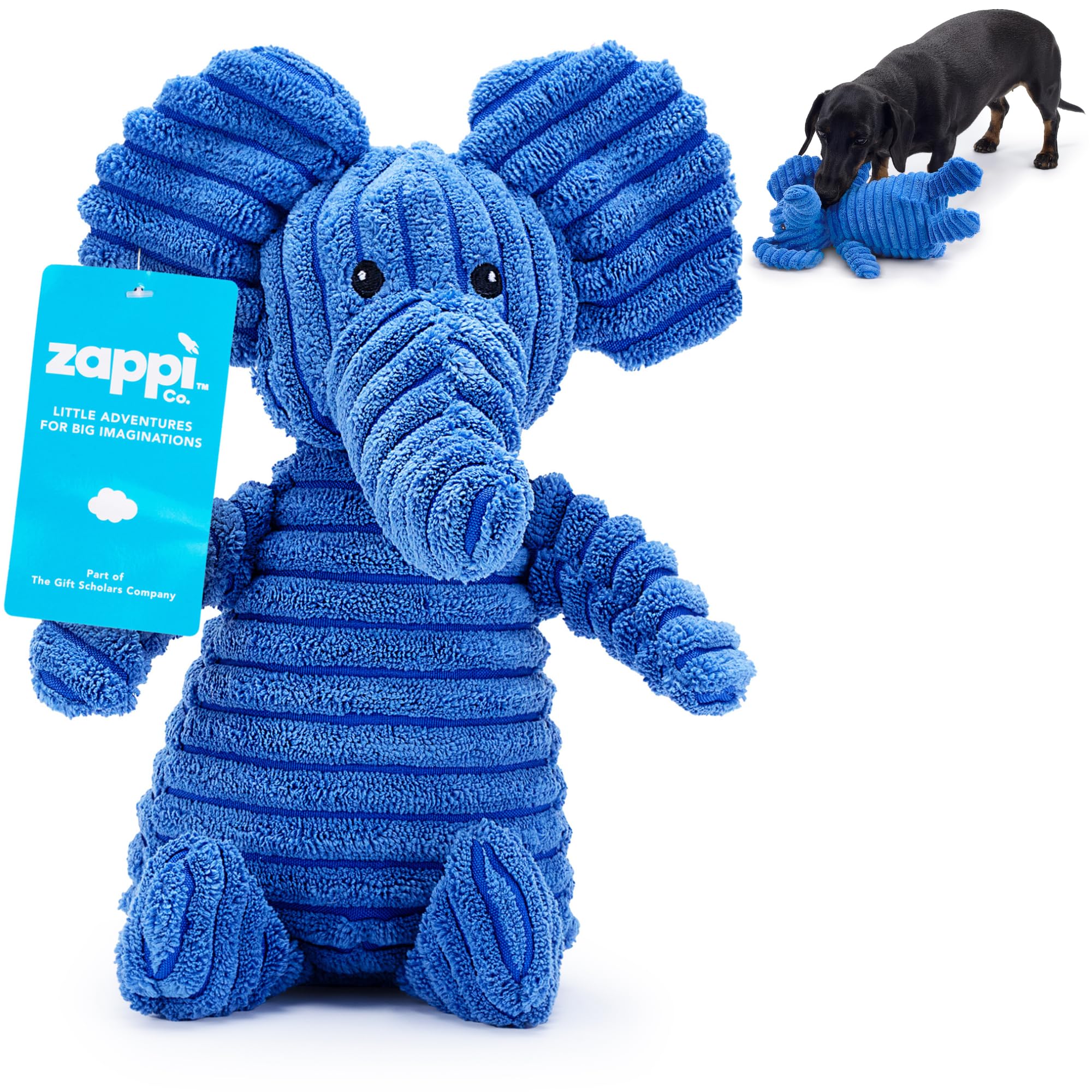 Zappi Co Blue Elephant Plush Dog Toy with Squeaker - Small/Medium Dogs, Corduroy, Non-Toxic Stuffing 1