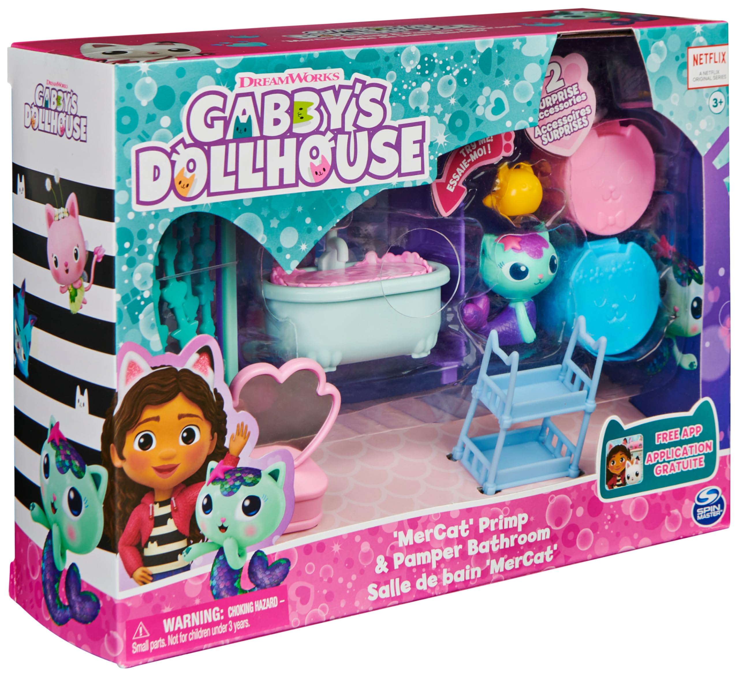 DREAMWORKS GABBY'S DOLLHOUSE Primp and Pamper Bathroom Playset with MerCat Figure for Ages 3+ 9