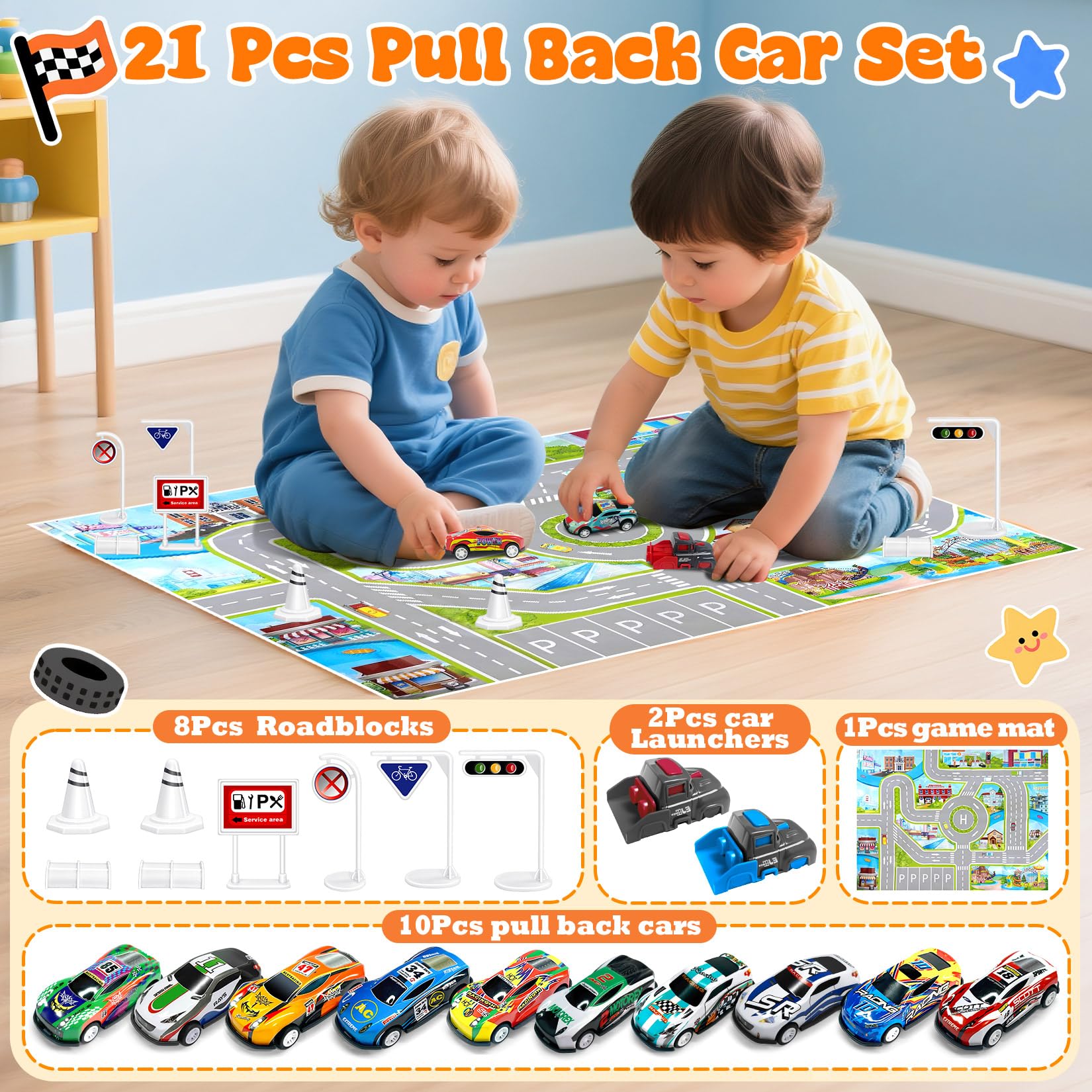 TOYABI 10Pcs Pull Back Toy Cars Racing Set with Mat & 2 Launchers | Metal Shell | Ages 3+ 2