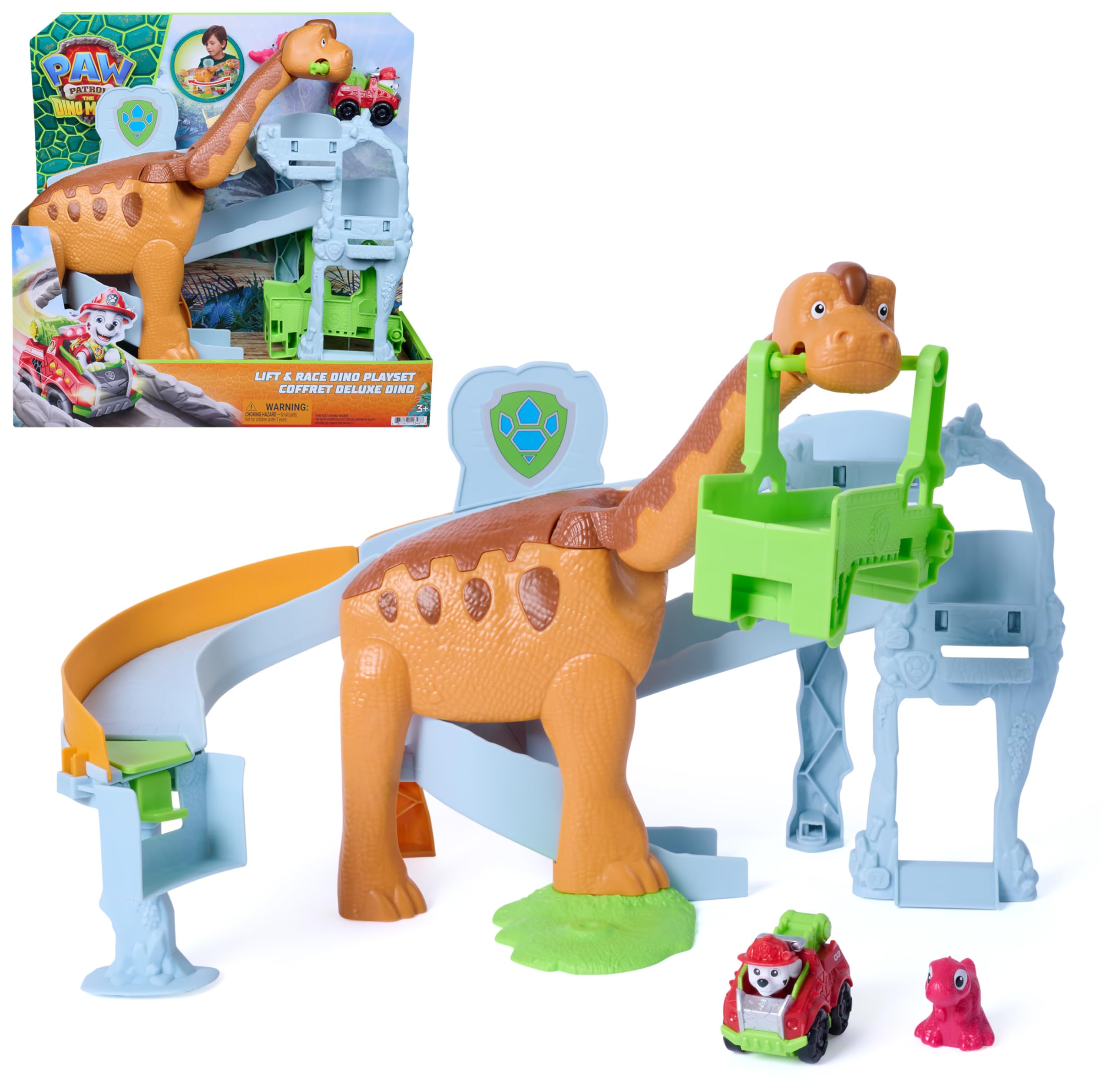 Paw Patrol Dino Movie Lift and Race Dino Playset with Marshall Pup Squad Racer | Ages 3+ | Multicolor