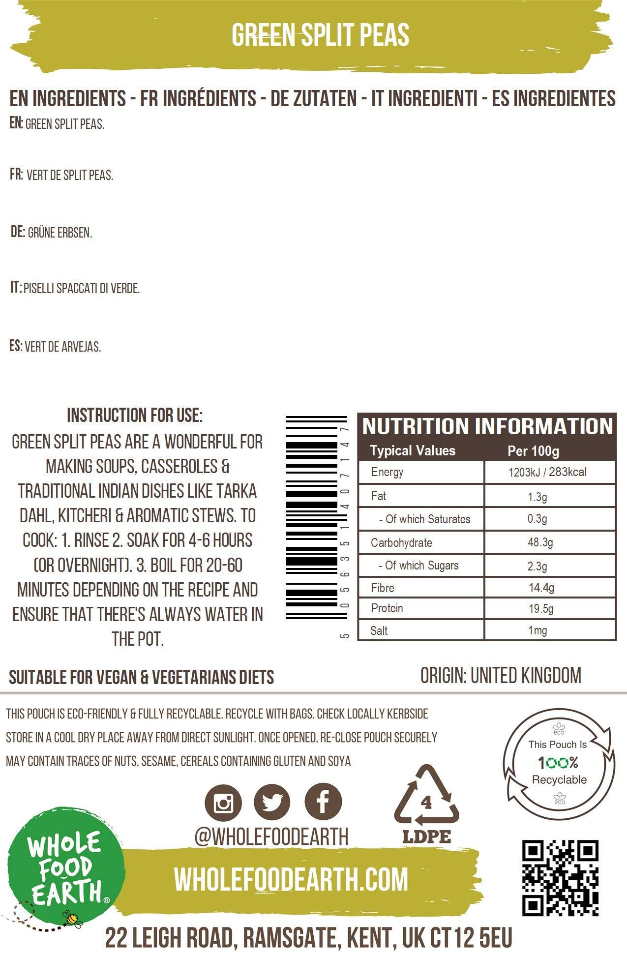 Wholefood Earth Green Split Peas - 500g | High Fibre | High Protein | GMO Free 2
