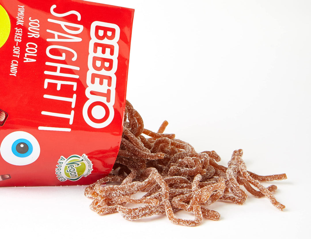 Bebeto Sour Cola Spaghetti - Vegan & Halal Certified Sour Fizzy Gummy Sweets, 70 g