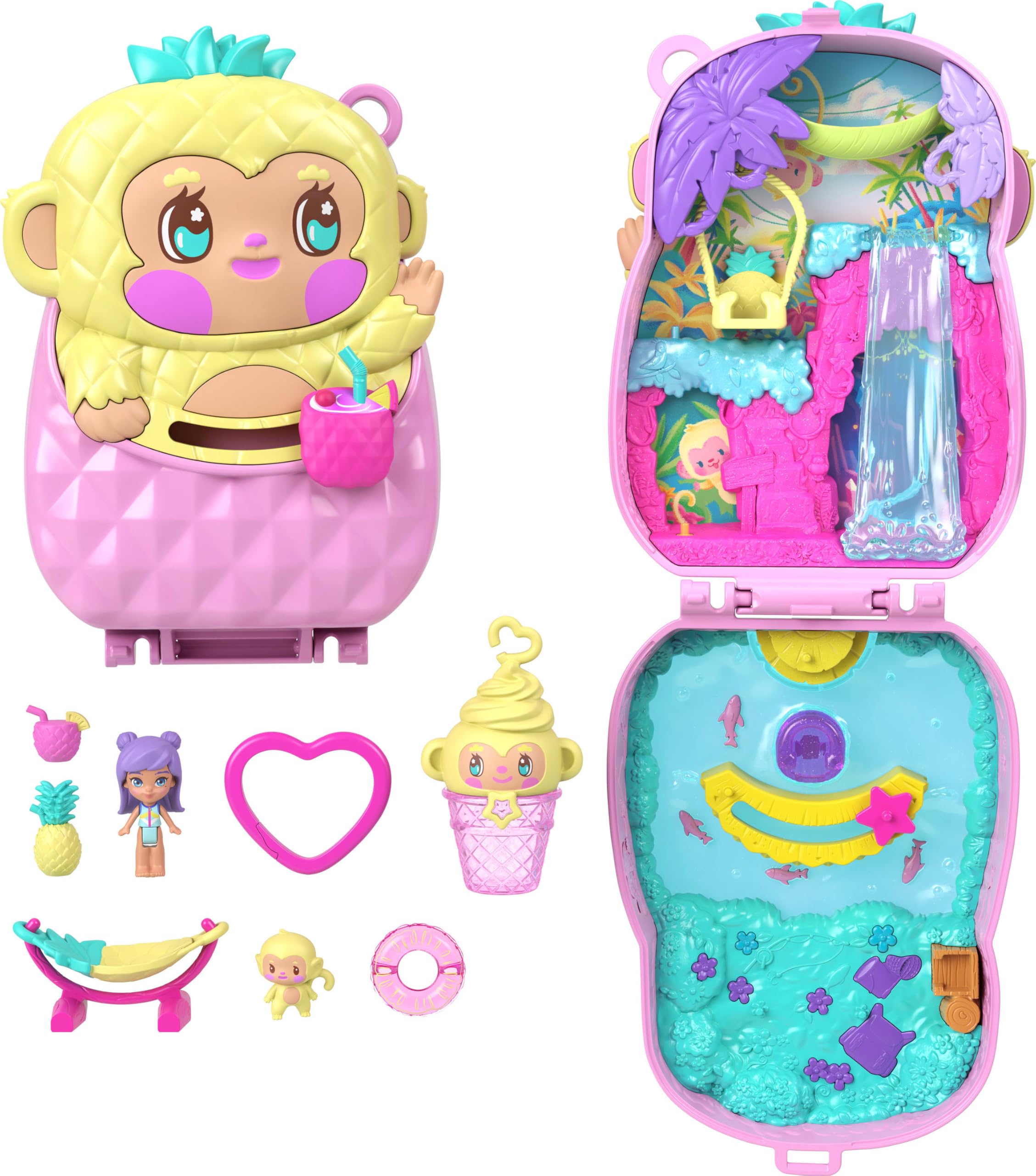 Polly Pocket Pineapple Monkey Compact Playset | Micro Doll & 7 Accessories | Ages 4+ 1