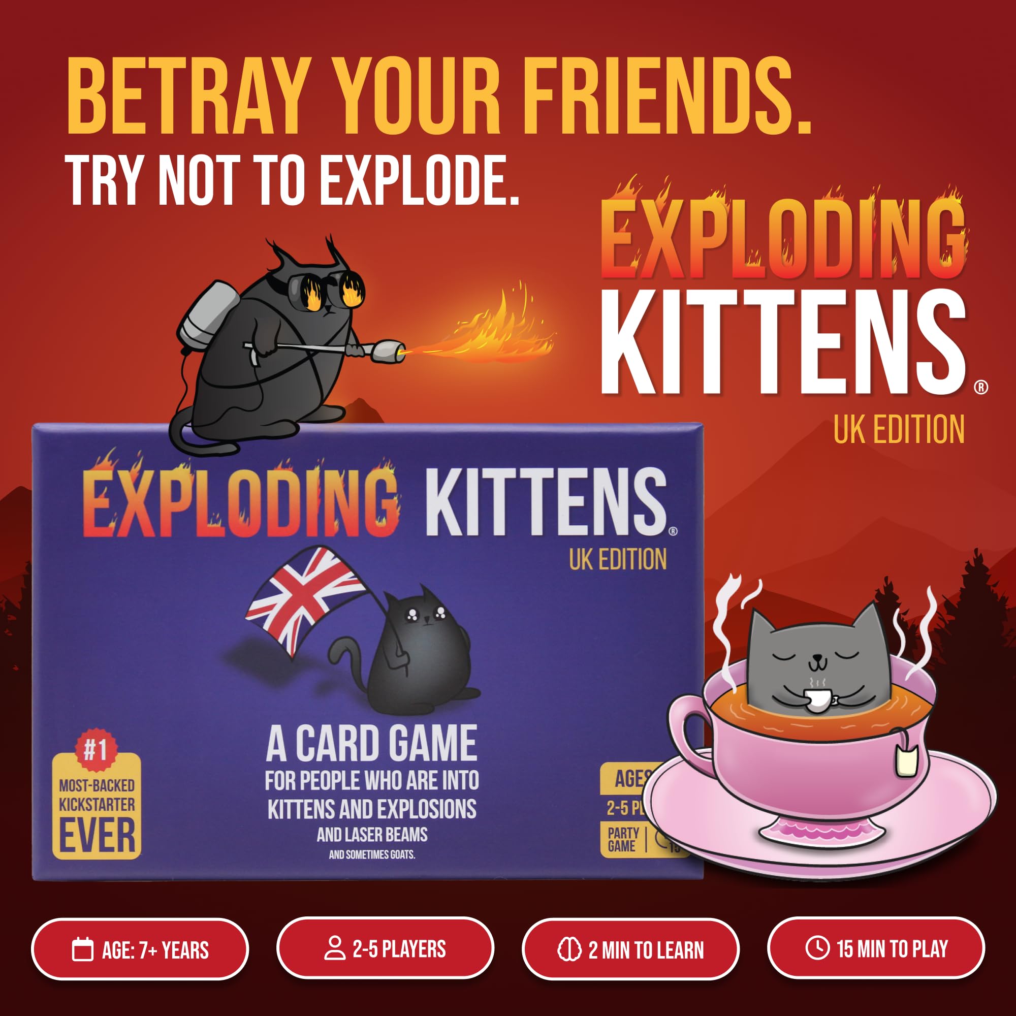 Exploding Kittens UK Edition Card Game - 2-5 Players | Ages 7+ | Portable Fun | Includes Chips