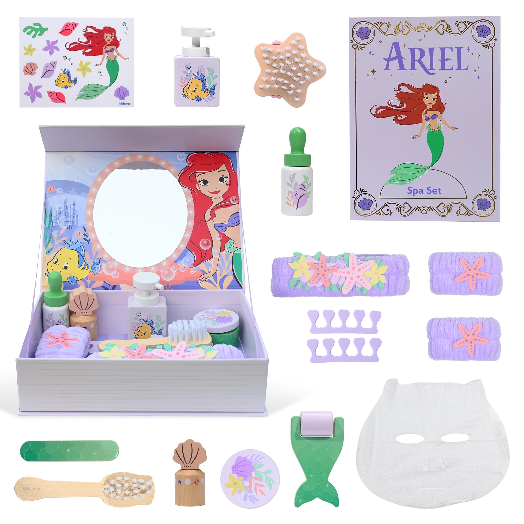 Disney Princess Ariel Wooden Spa Set for Kids - 18 Piece Pretend Beauty Play | FSC Wood | Ages 3+ 1