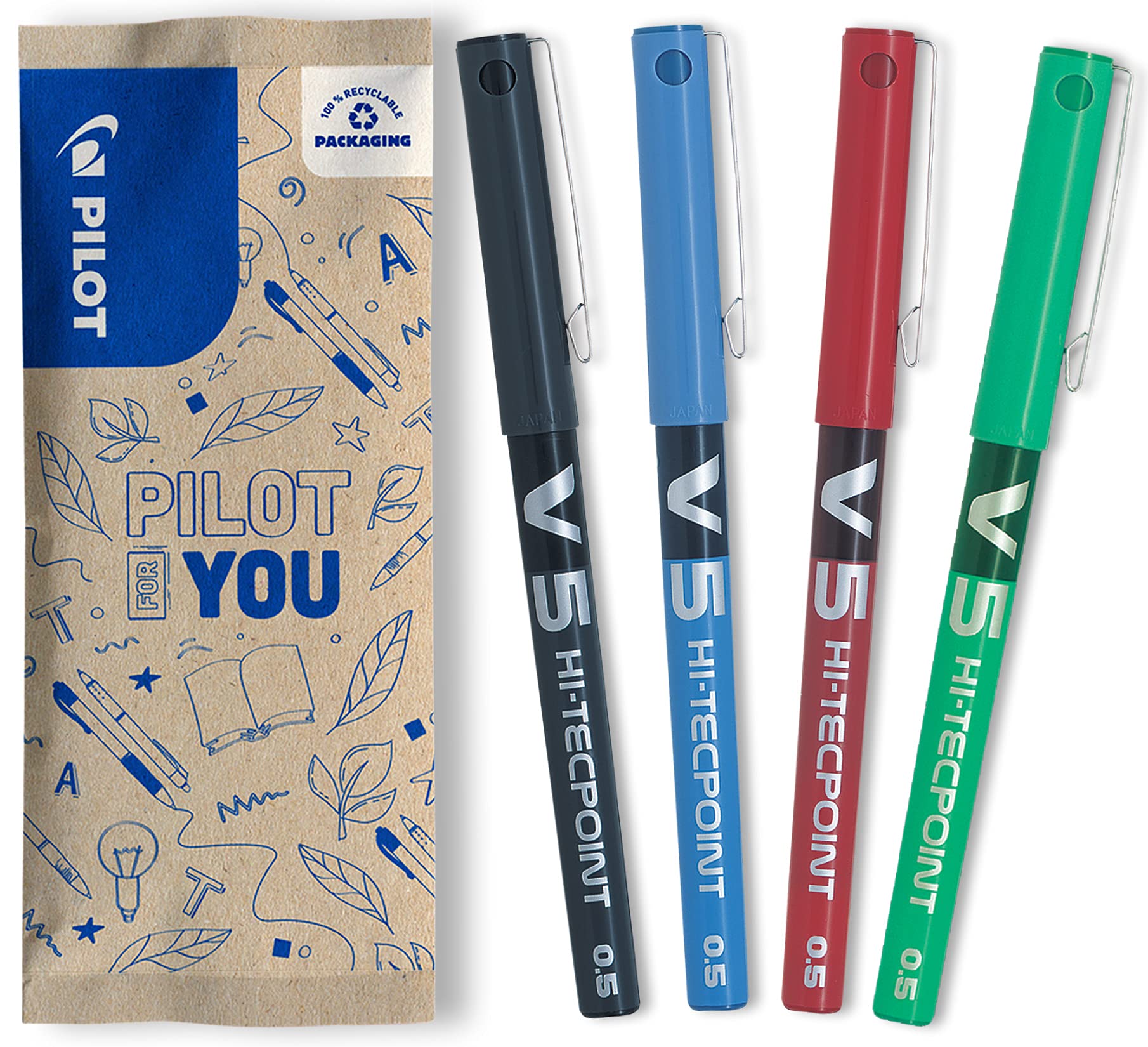 PILOT V5 Liquid Ink Rollerball Pen Set - 0.5mm Fine Tip | Black, Blue, Red, Green | Pack of 4