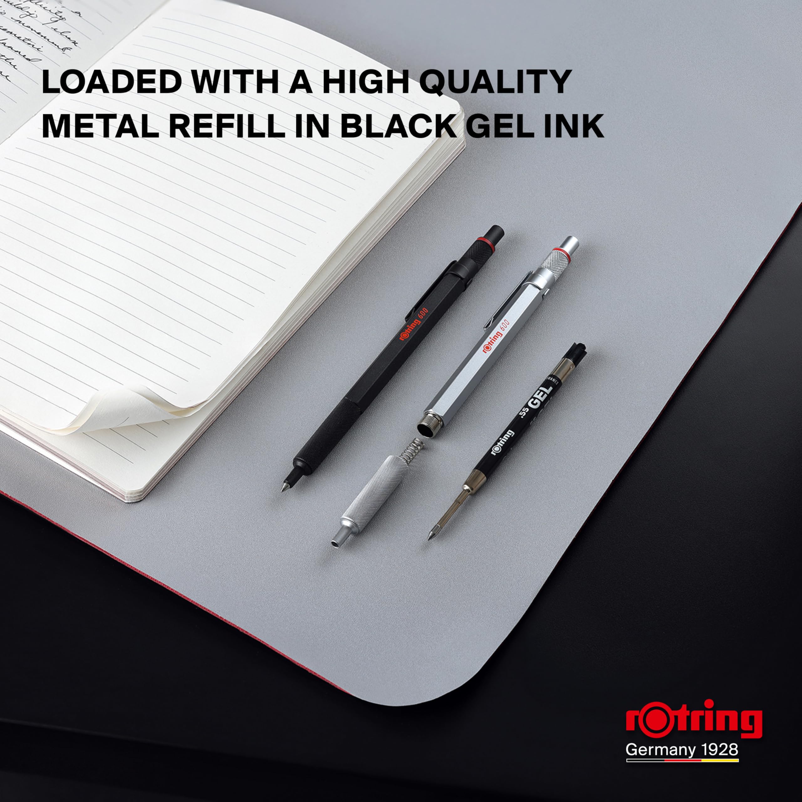 rOtring 600 Gel Pen | 0.55 mm | Black Ink | Black Metal Body Pen | Non-Slip Knurled Grip & Hexagonal Barrel | Refillable 6