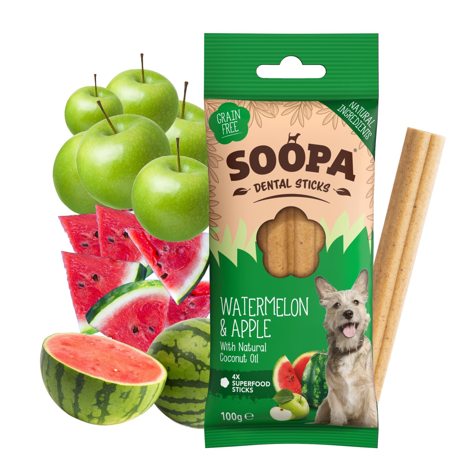Soopa Watermelon & Apple Dental Sticks for Dogs - Hypo-Allergenic, Low Fat | 100g Bag