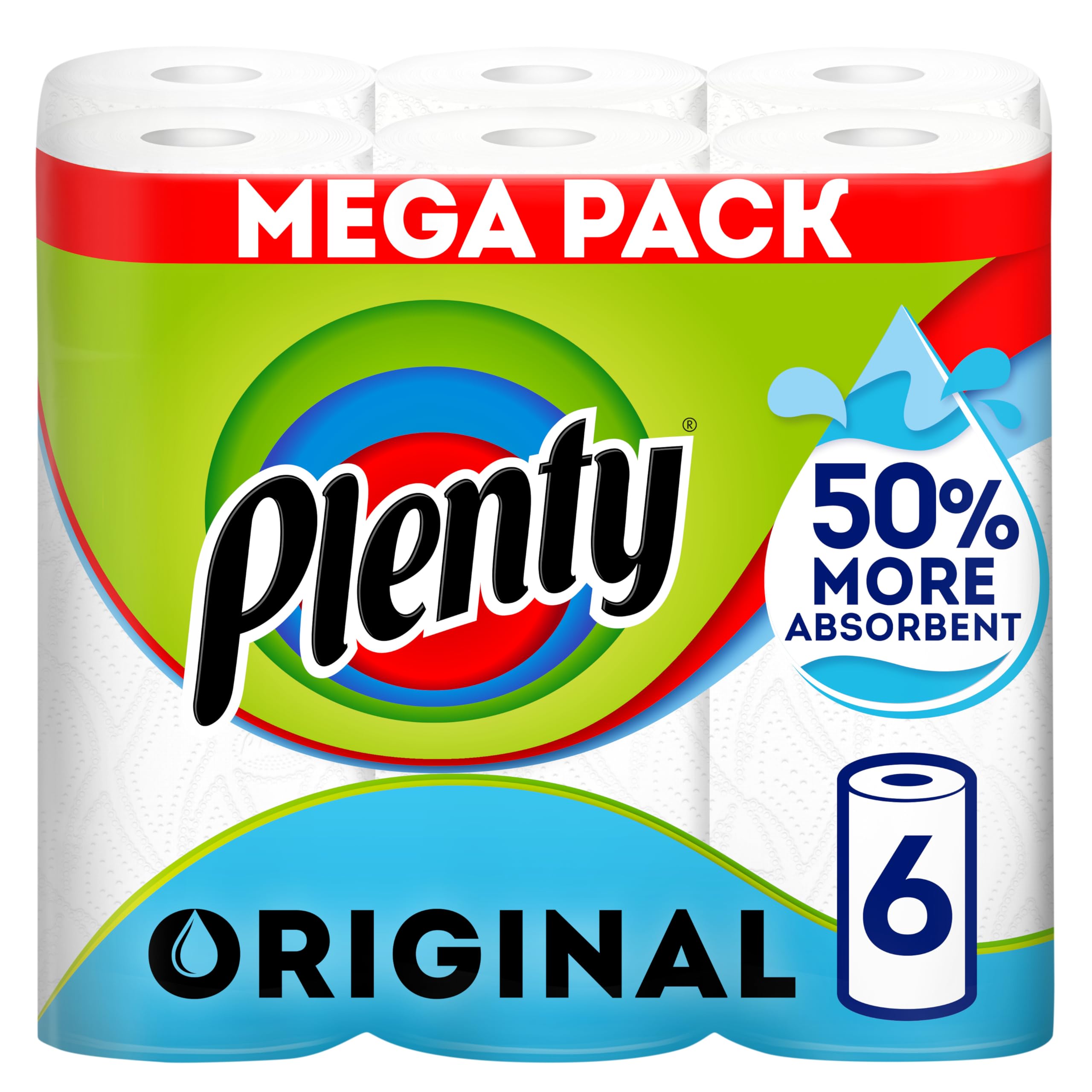 PLENTY Original Kitchen Roll - 50% More Absorbent | 6 Rolls, 570 Sheets Total 1