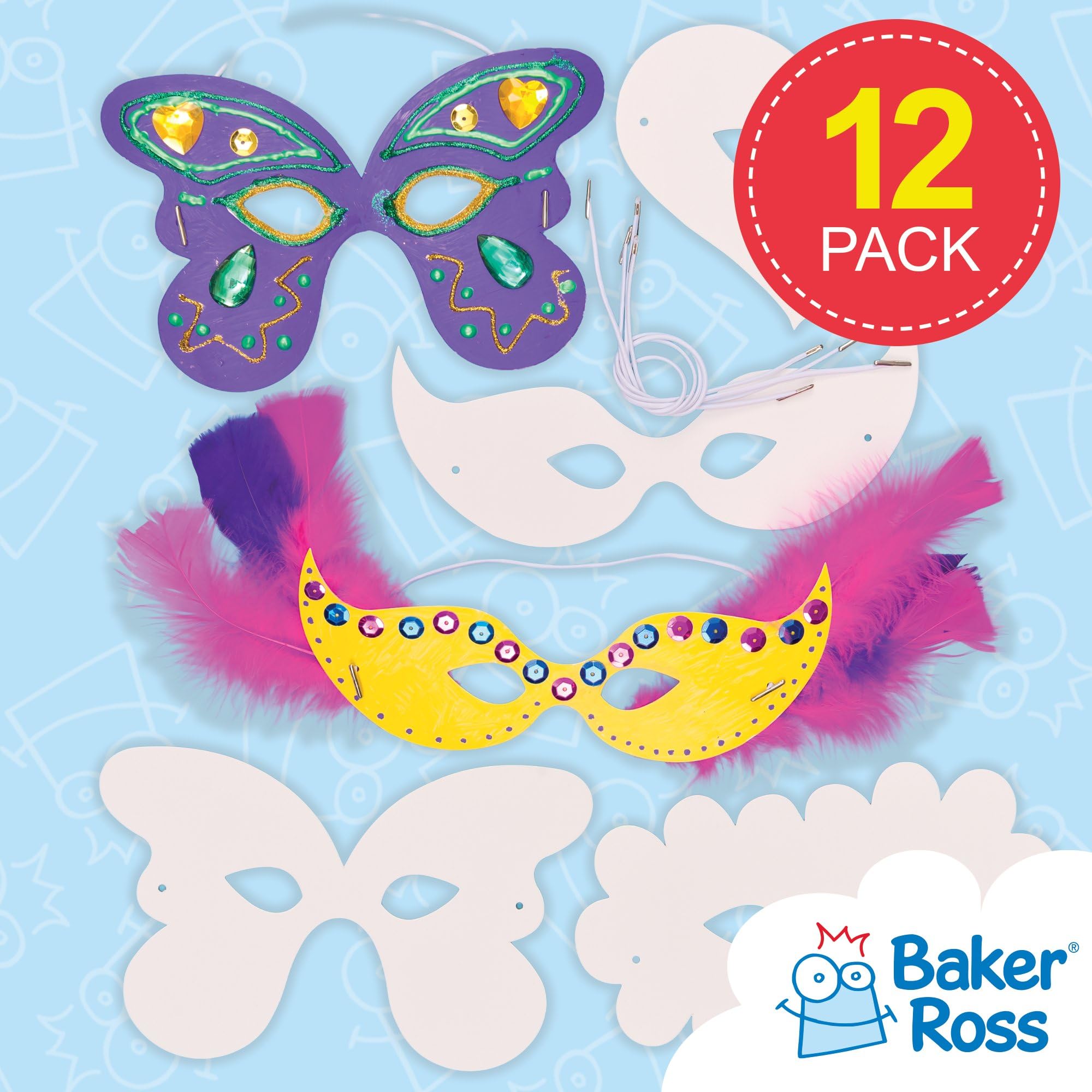 Baker Ross Decorate Your Own Carnival Mask Kit - Pack of 12 Blank Masks for Kids Ages 3+ 2