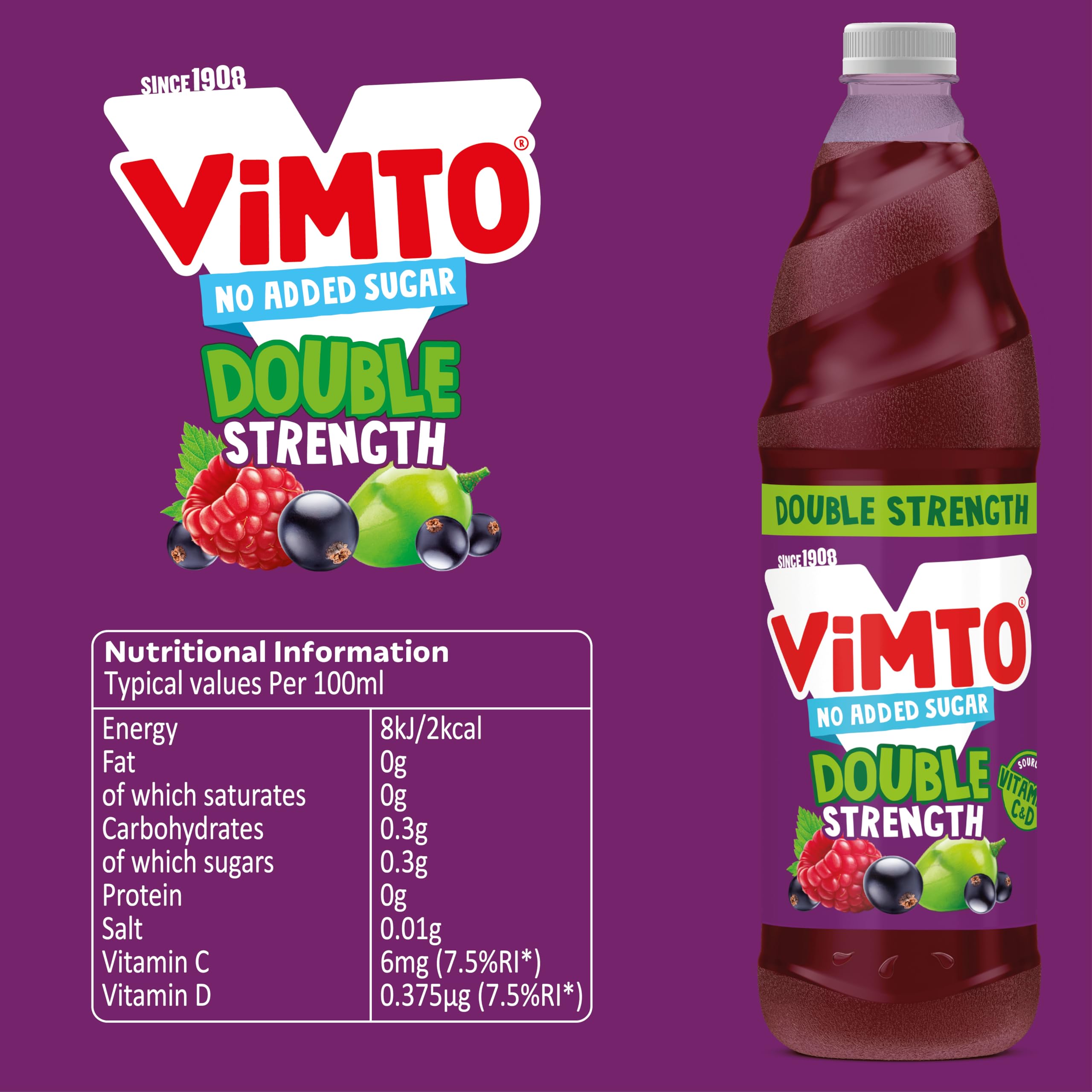 Vimto Original No Added Sugar Double Concentrate Fruit Squash | 725 ml | Source of Vitamins C & D 2