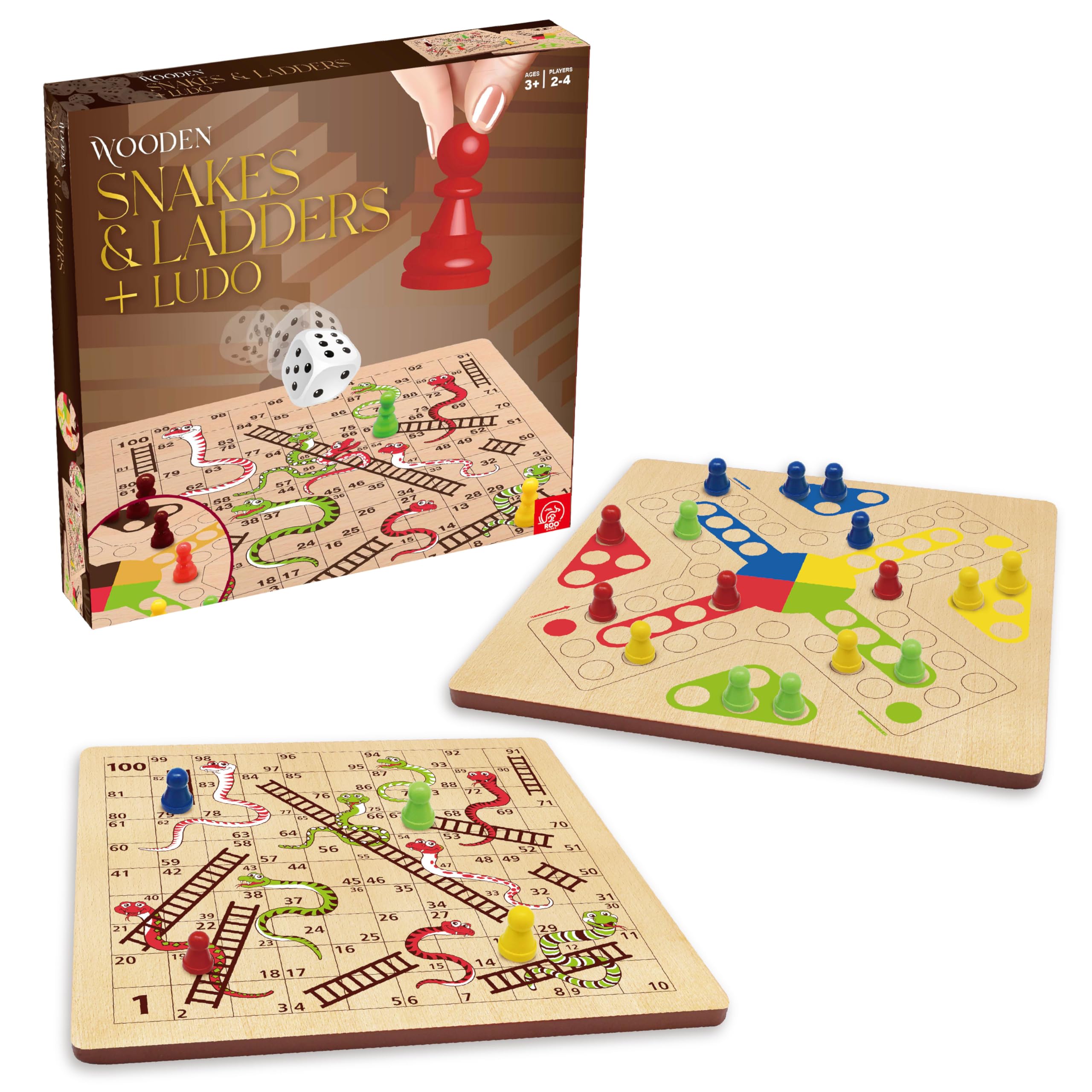 ROO GAMES Wooden Snakes and Ladders + Ludo Board Game – 2-in-1 Classic Family Game 1