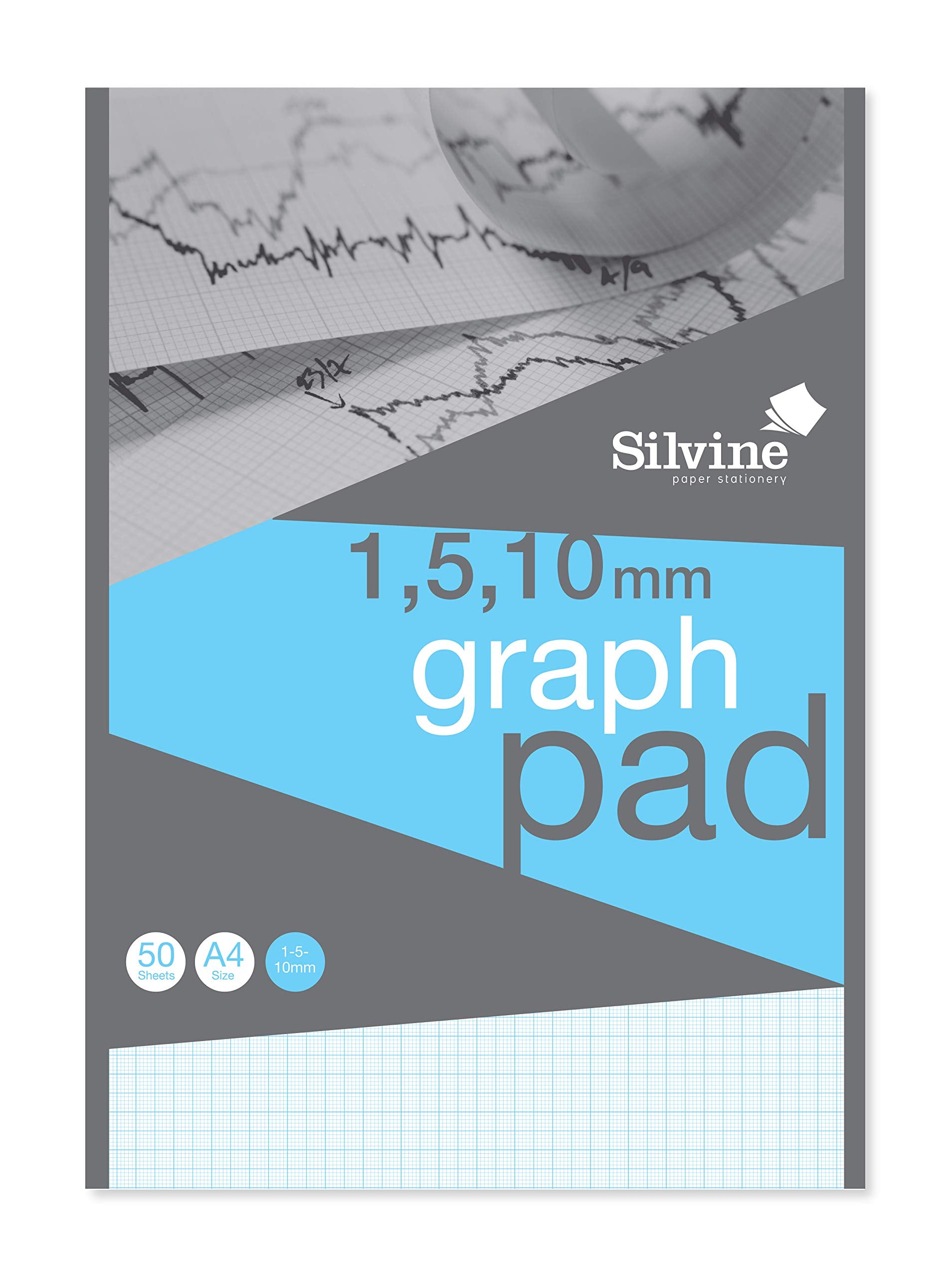 Silvine A4 Professional Graph Pad - 50 Sheets 90gsm Paper, 1-5-10mm Graph, Glue Bound