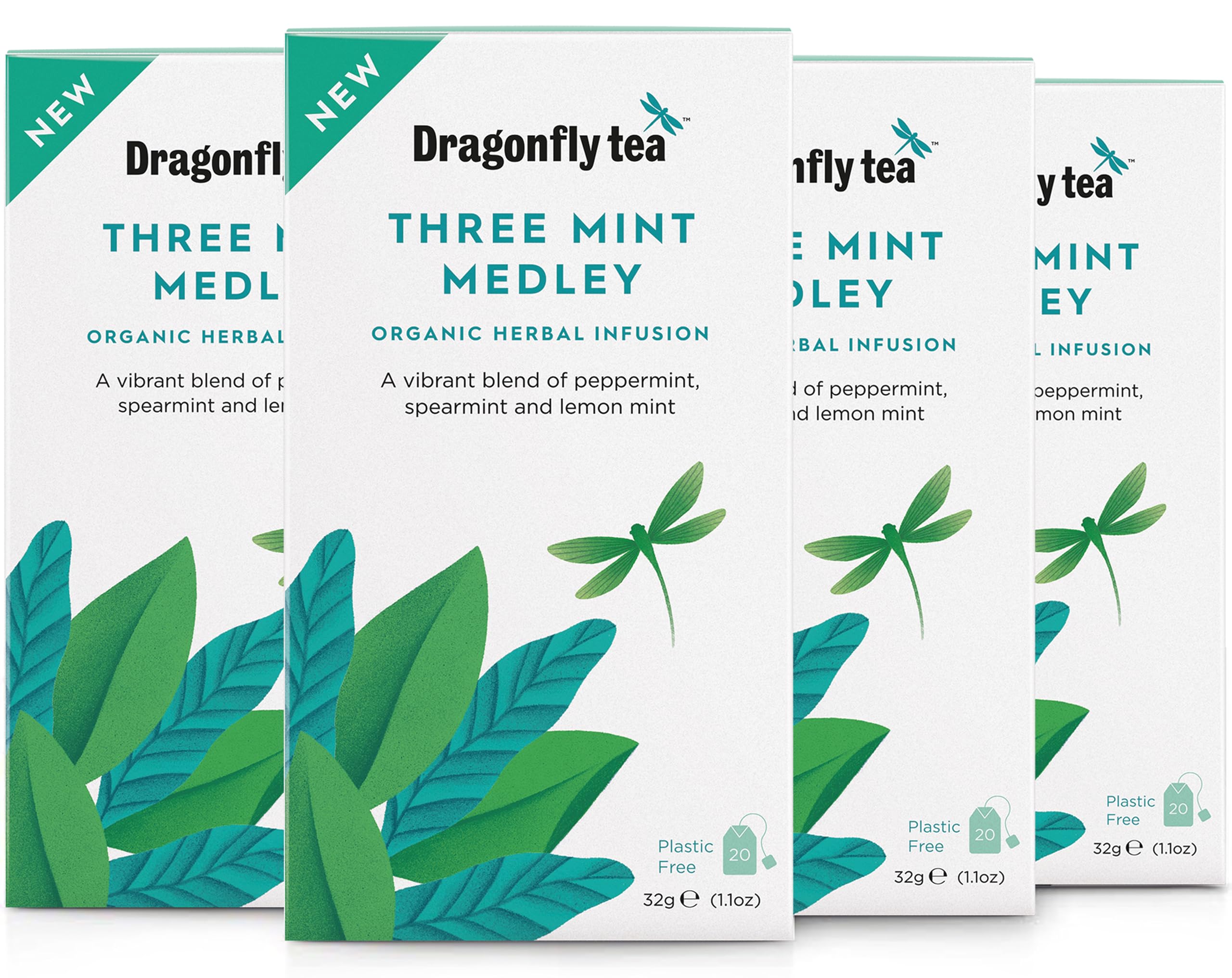 Dragonfly - Three Mint Medley Organic Tea Bags (4 x 20), Peppermint, Spearmint & Lemon Mint