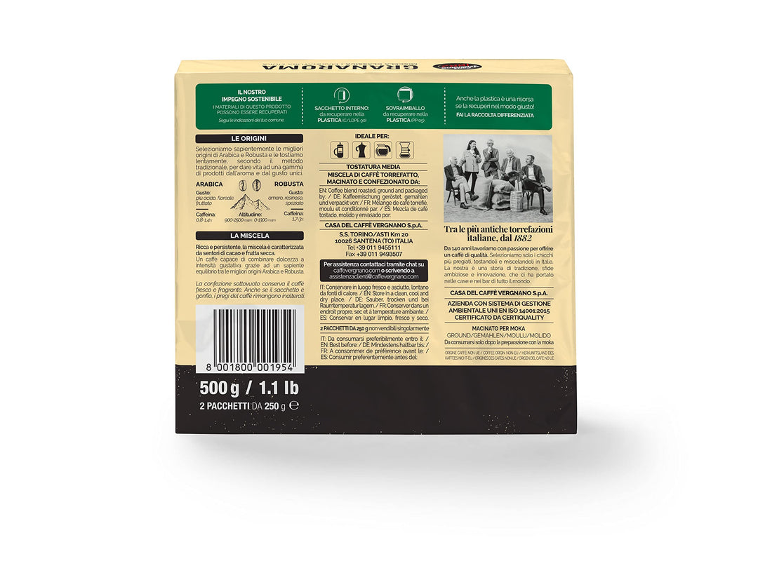 Caffè Vergnano 1882 Granaroma Ground Coffee - 2 x 250g (500g Total)
