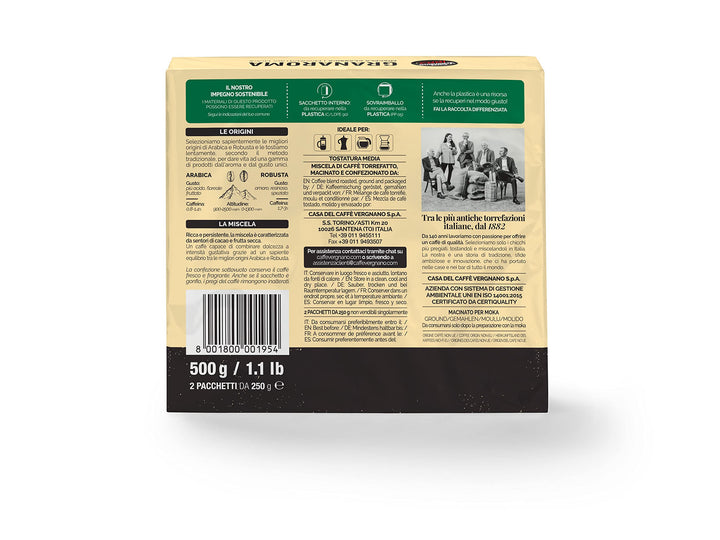 Caffè Vergnano 1882 Granaroma Ground Coffee - 2 x 250g (500g Total)