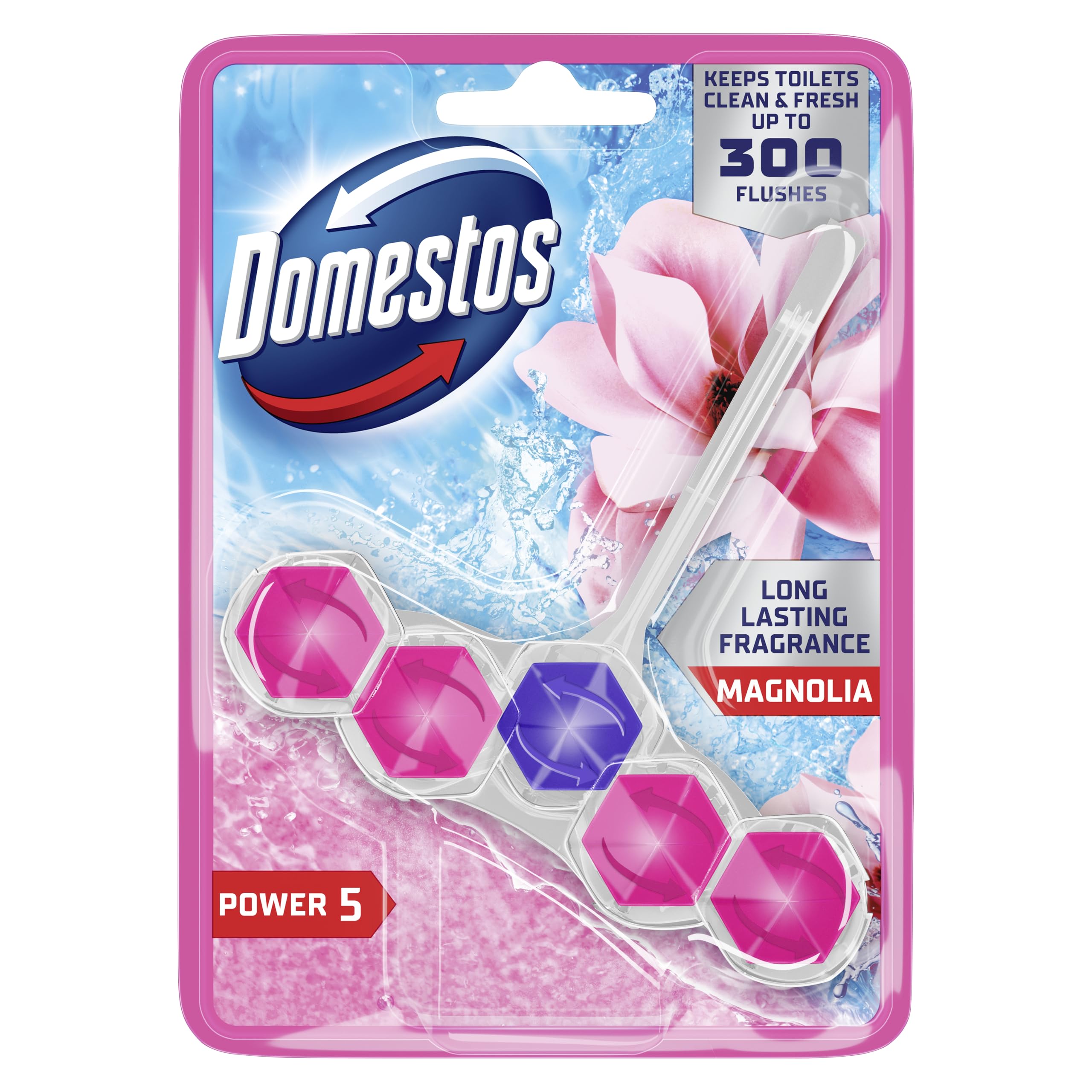 Domestos Power 5 Magnolia Toilet Rim Block - Long-Lasting Toilet Freshener for Up to 300 Flushes 1
