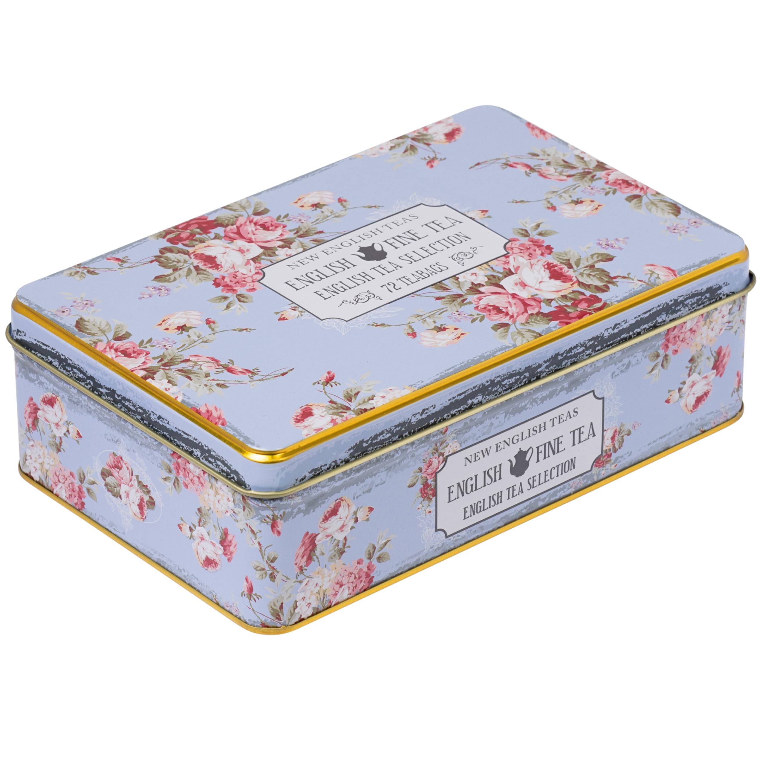 New English Teas Lilac Floral Tea Tin with 72 Teabags – Cottagecore Design with Roses