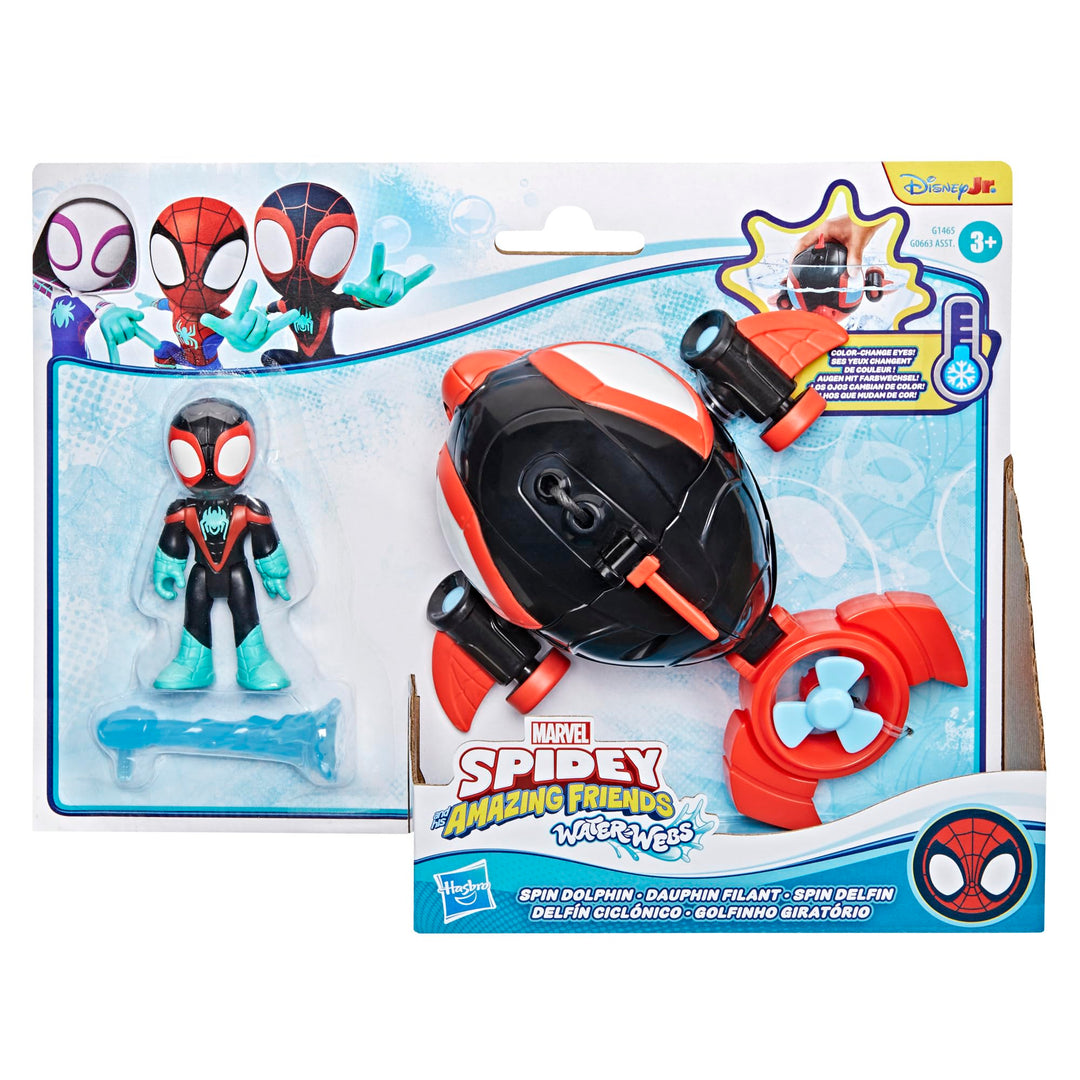 Spidey and His Amazing Friends Water-Webs Spin Dolphin Submarine Toy - Miles Morales Action Figure & Vehicle Playset, Ages 3+