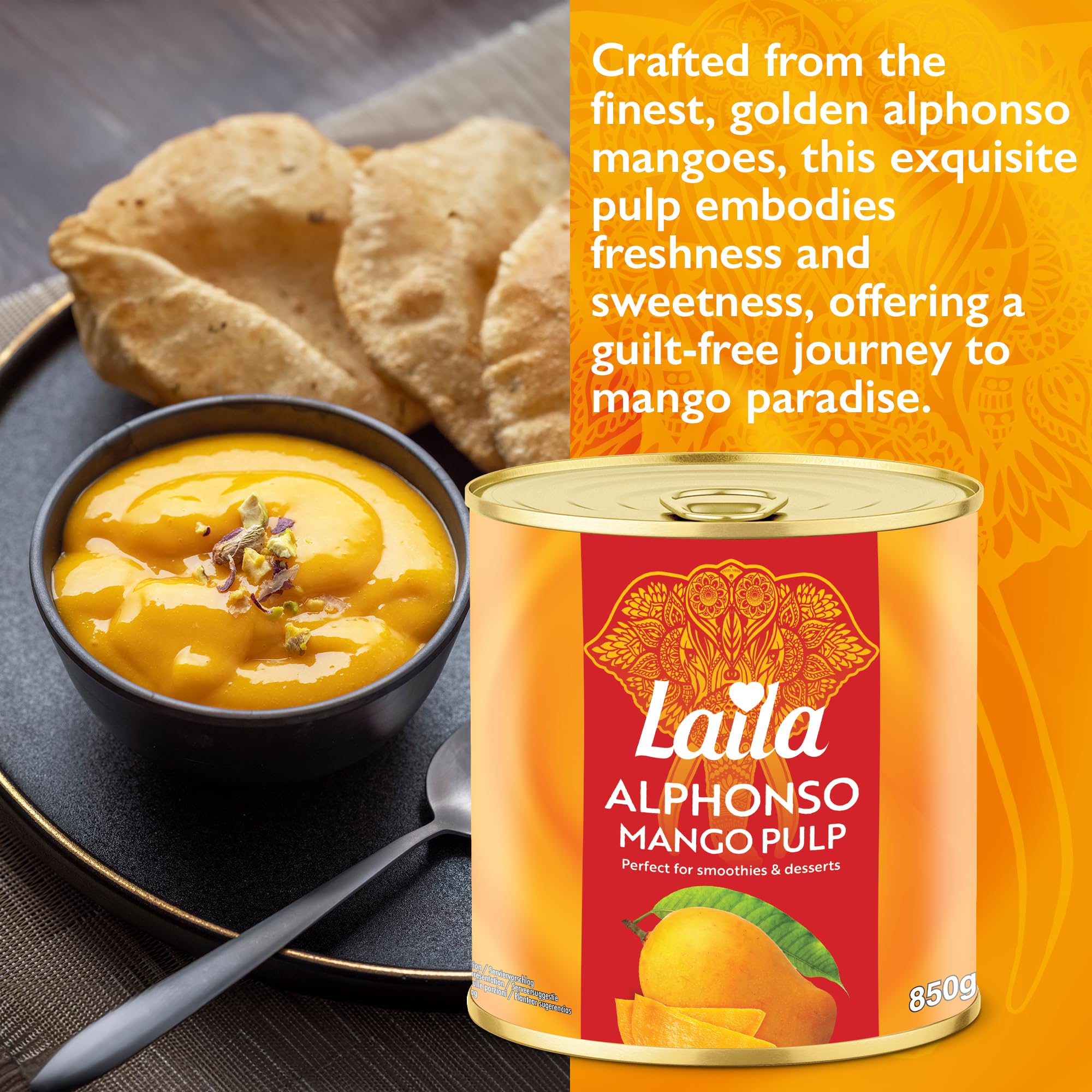 LAILA Alphonso Mango Pulp 850g - Tinned Mango Puree from Real Mangoes 6