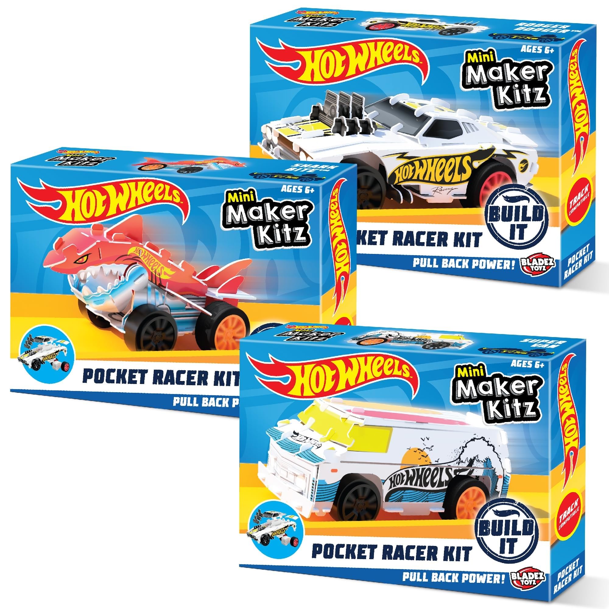 BLADEZ Hot Wheels Pocket Racer Maker Kitz - 3 Pack | Snap-Fit Assembly | Pull-Back Action