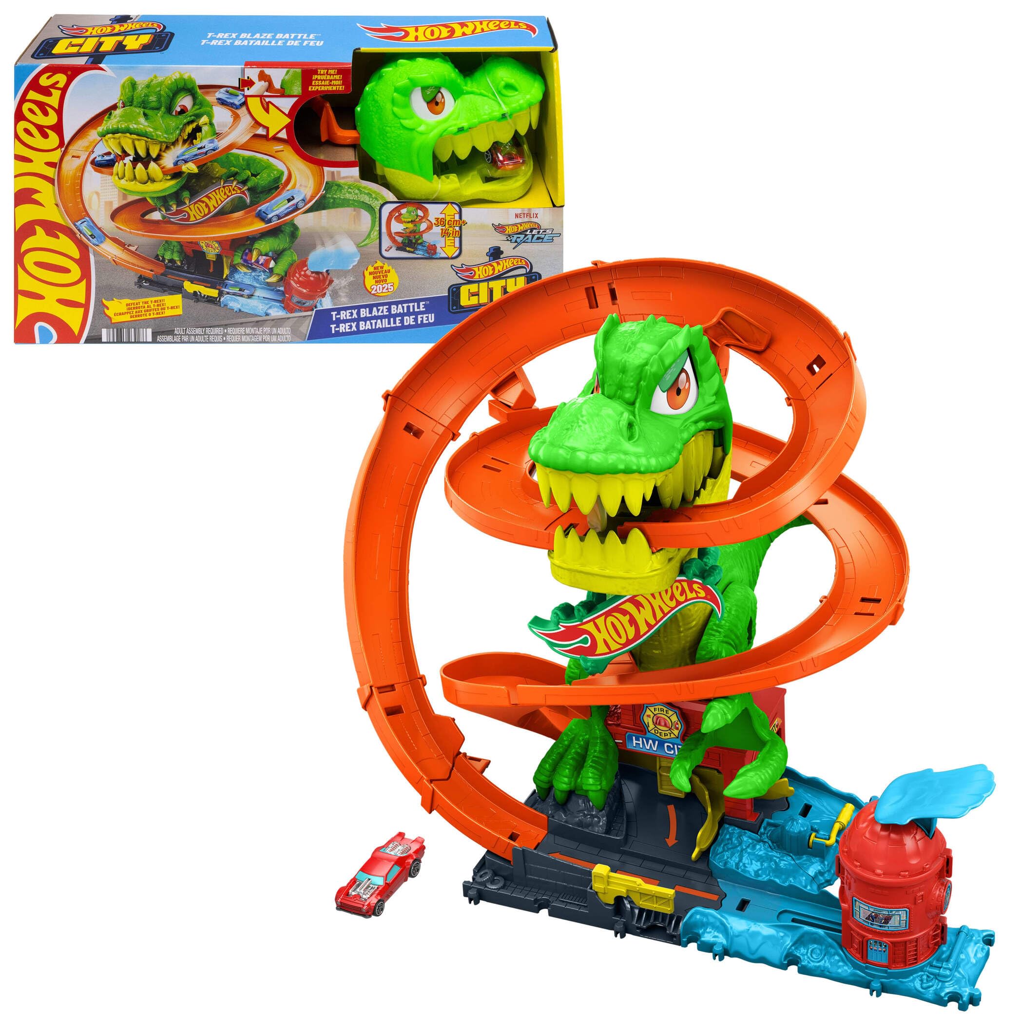 Hot Wheels City T-Rex Blaze Battle Playset with 1:64 Scale Toy Car - Ages 4+