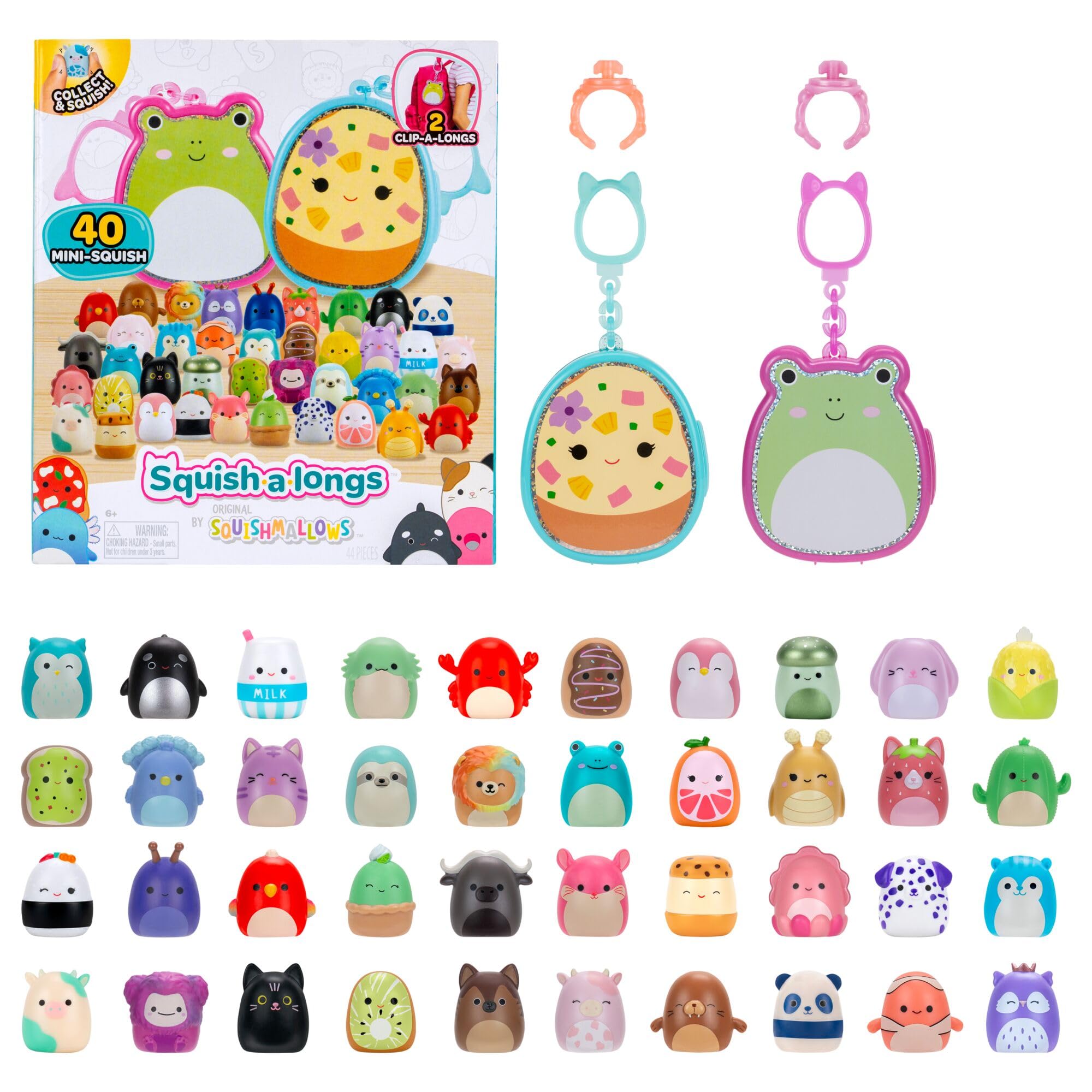Squish-a-longs Mini-Squish Multipack with 2 Clip-a-longs and 40 Mini Figures – Saku the Hawaiian Pizza & Wendy the Frog Themed Carrying Cases