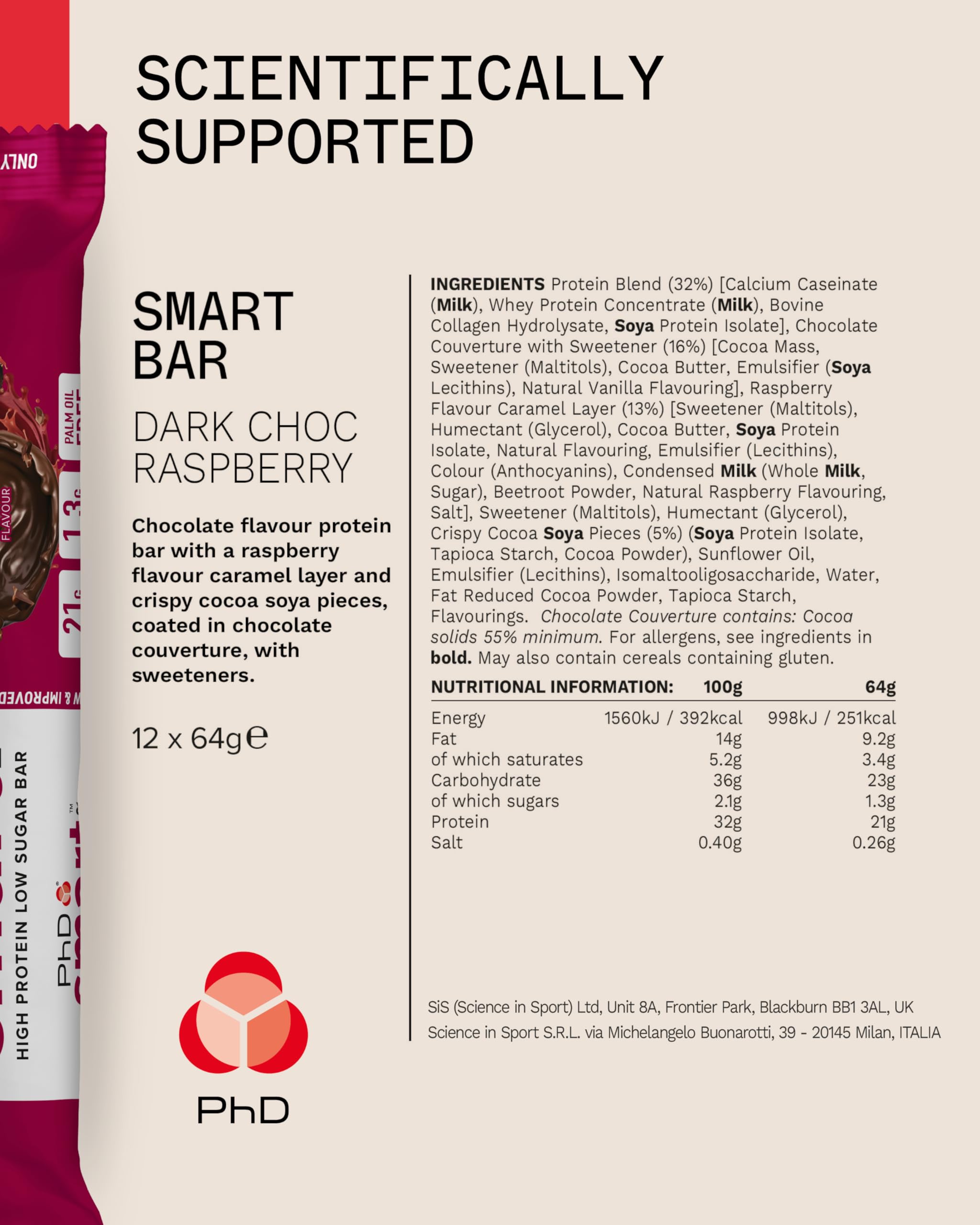 PhD Smart Protein Bar Low Sugar, Chocolate Raspberry Flavour, 21g Protein, 64g Bar (12 Pack) 6