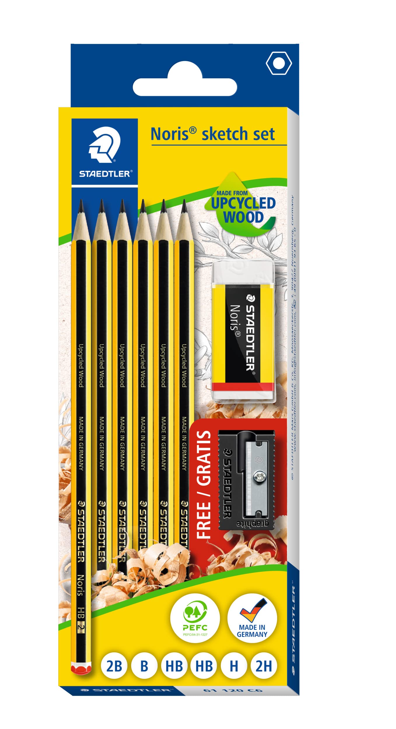 STAEDTLER Noris Drawing Pencils - Assorted Degrees (2B, B, HB, H, 2H) | Pack of 6 Pencils, Eraser & Sharpener