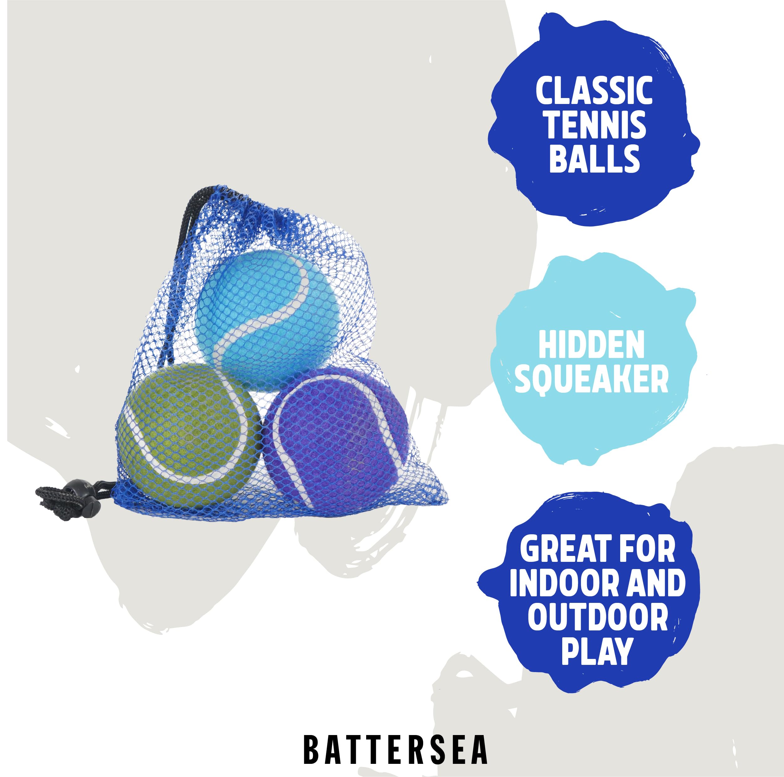 Rosewood Battersea Tennis Balls for Dogs - 3 Pack, Blue & Green, 6.5cm Diameter